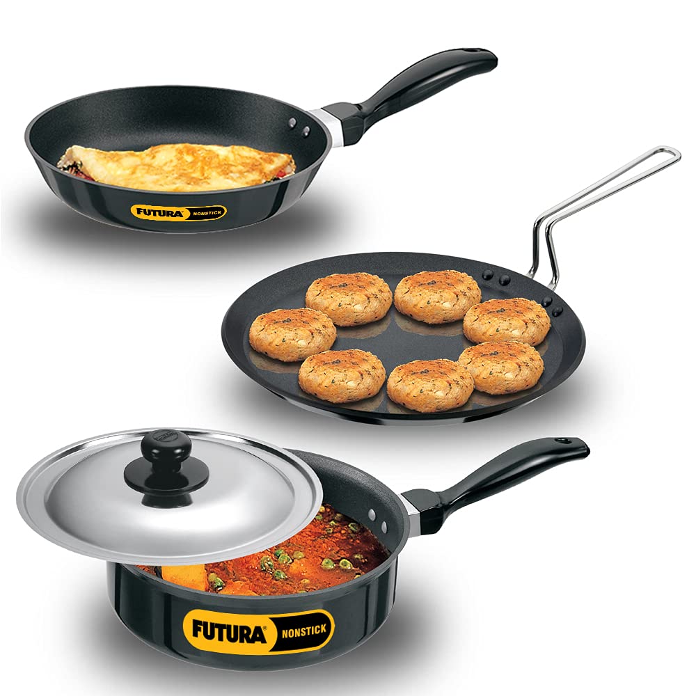 Futura Nonstick Cookware Set 1  FLAT TAVA : 30cm DIA; 4.88 mm Thick  FRYING PAN: 22 cm DIA; 3.25 mm Thick  CURRY PAN (SAUTE PAN)
