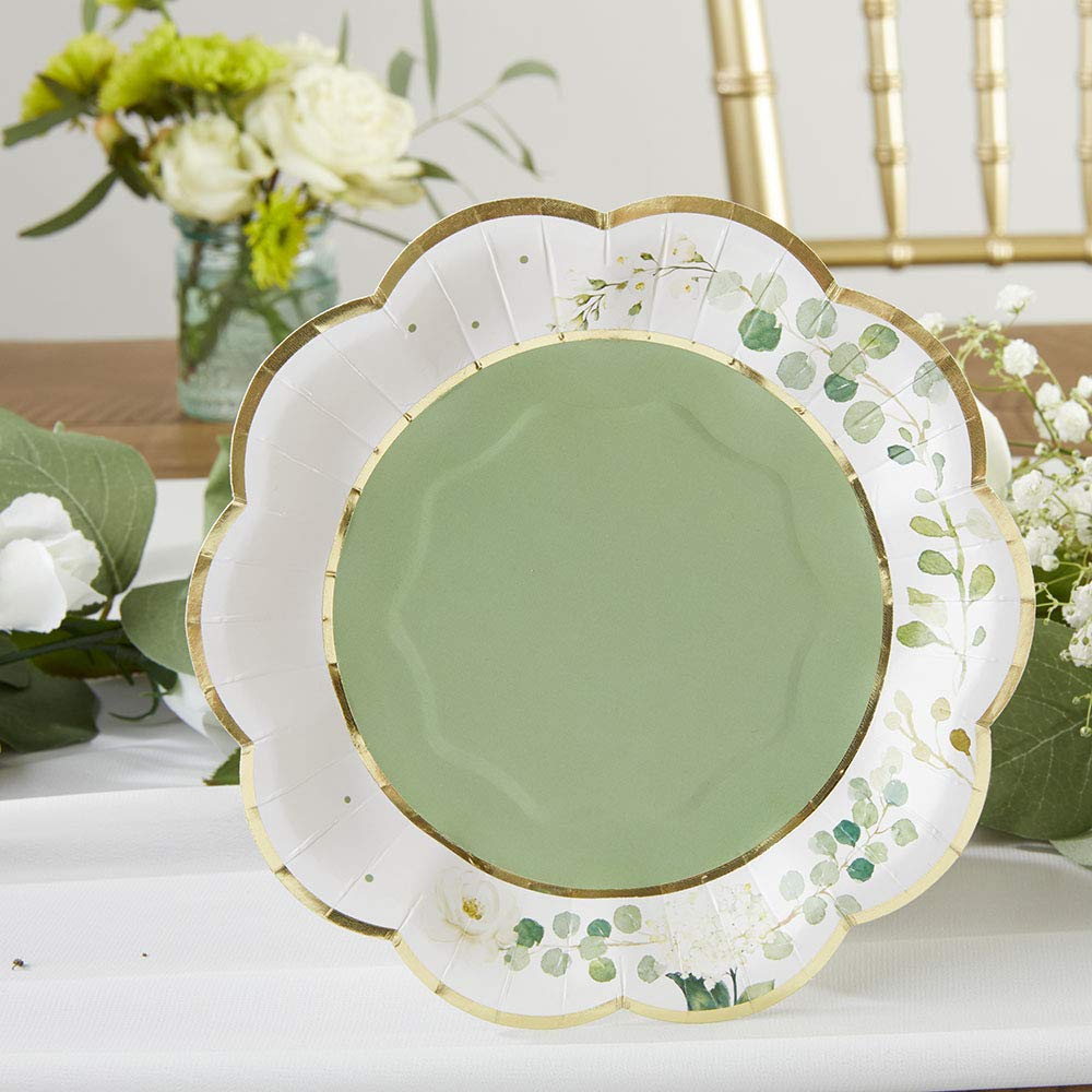 Kate Aspen Botanical Garden  7 Inch  Sage Green Party Decorations  Eucalyptus Floral Print Decorative Premium Paper Plates (Set of 16)