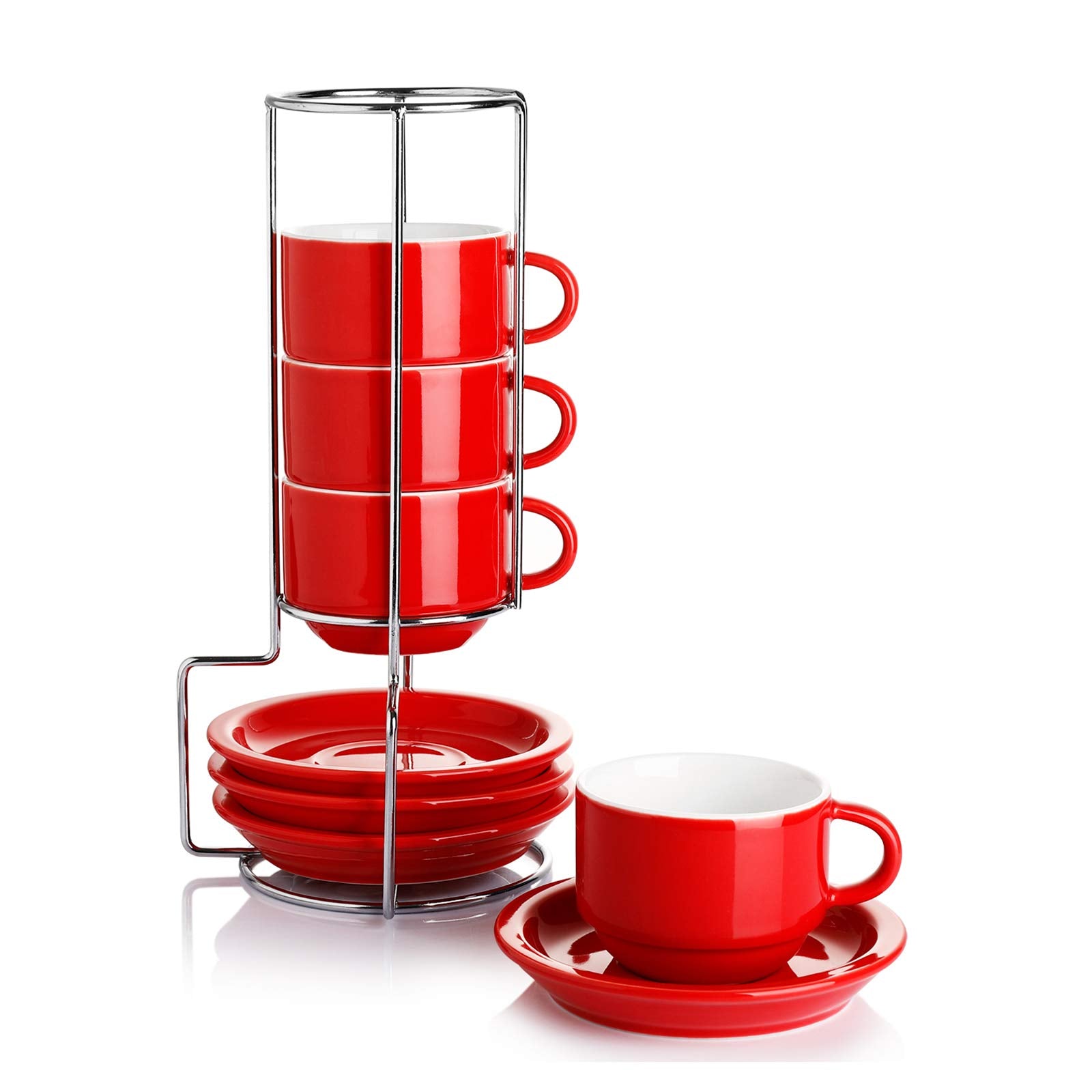 Sweese 2.5 Ounce Porcelain Stackable Espresso Cups With Saucers And Metal Stand Set Of 4, Red