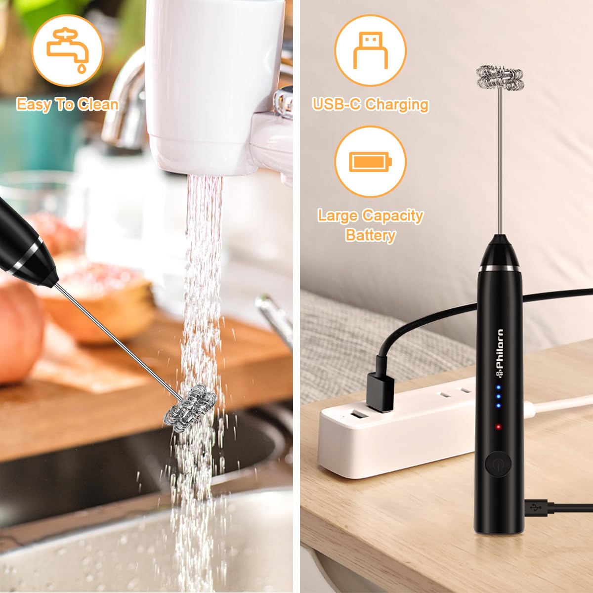 Philorn Milk Frother Handheld Rechargeable Coffee Frother - Frother Wand With 2 Heads, Electric Whisk Drink Mixer For Coffee, Mi