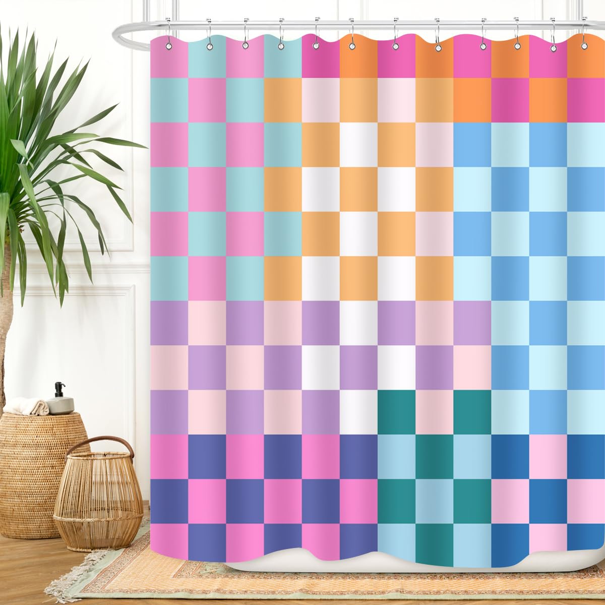 Zxmbf Retro Checkered Shower Curtain Colorful Geometric Modern Rainbow Minimalist Groovy Simple Bright Aesthetic Home Bathroom D