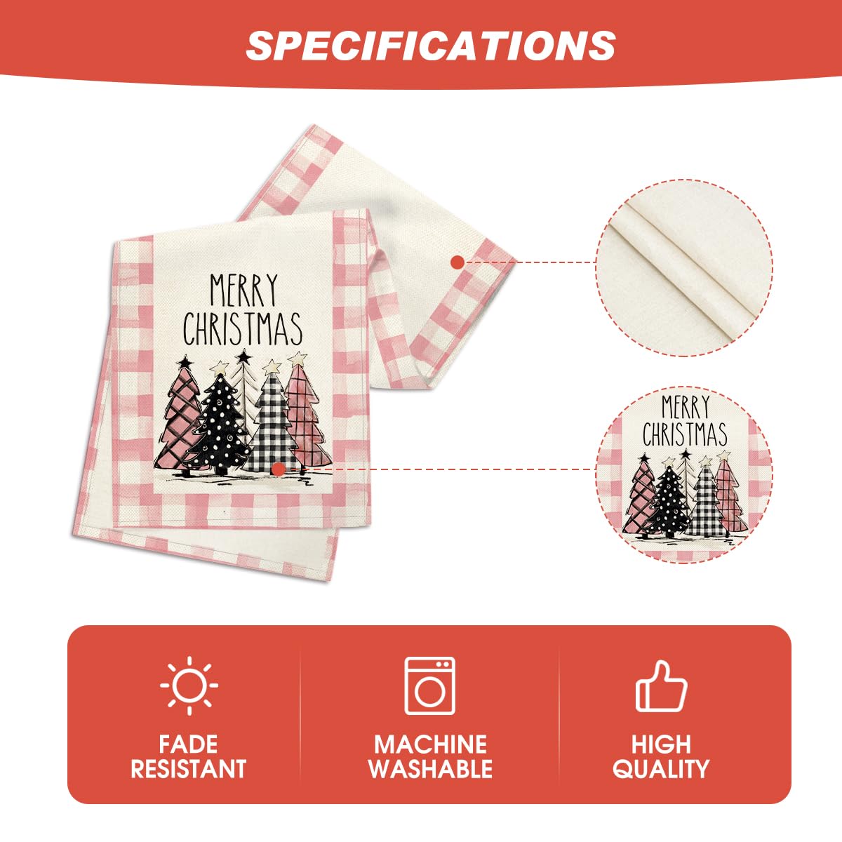 Artoid Mode Watercolor Pink Buffalo Plaid Christmas Trees Merry Xmas Table Runner, Seasonal Winter Holiday Kitchen Dining Table