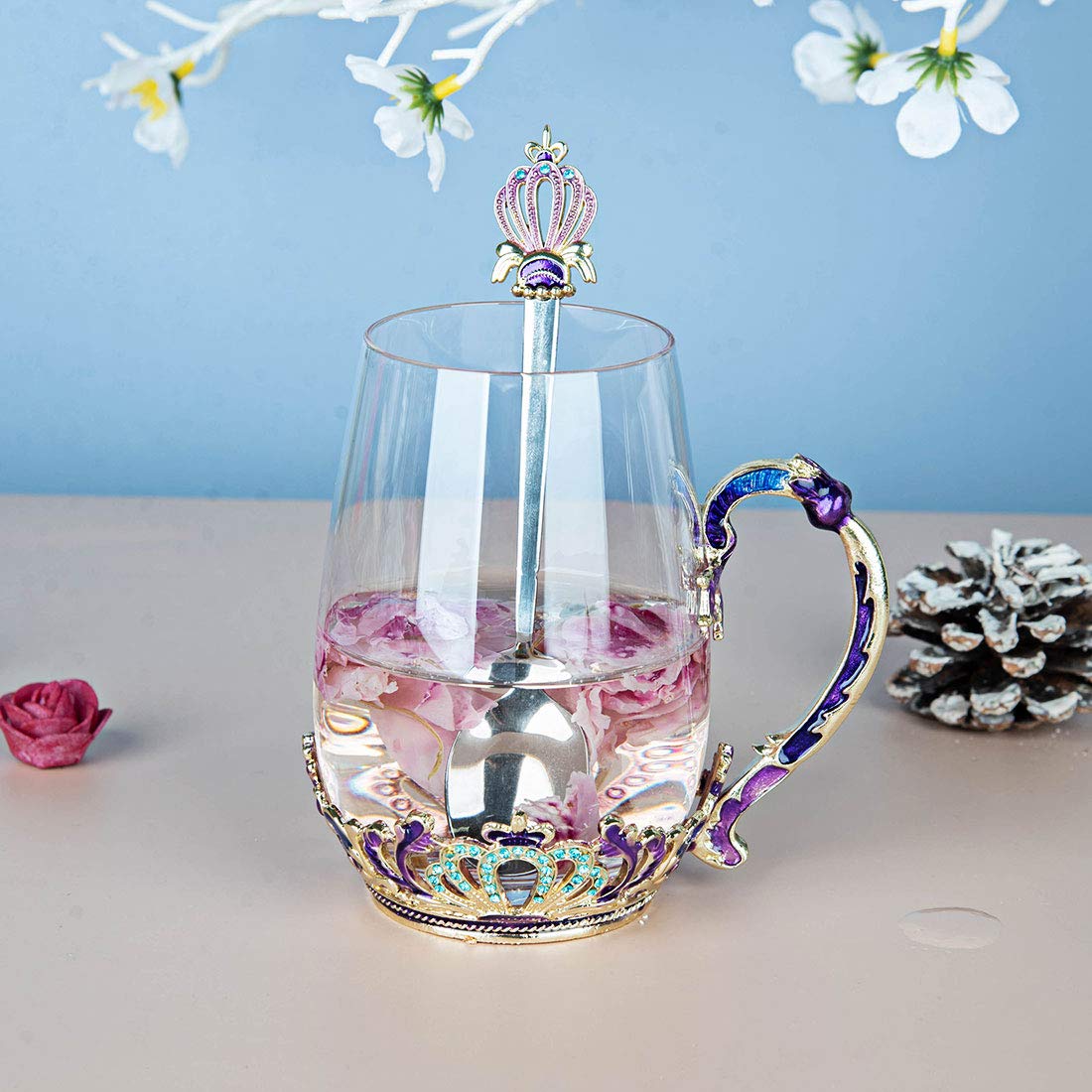 Swthony Glass Tea Cup Mug With Spoon European Style Carved Flower Glass Coffee Mugs Cups Set Rhinestone Glass Drinking Fancy Tea