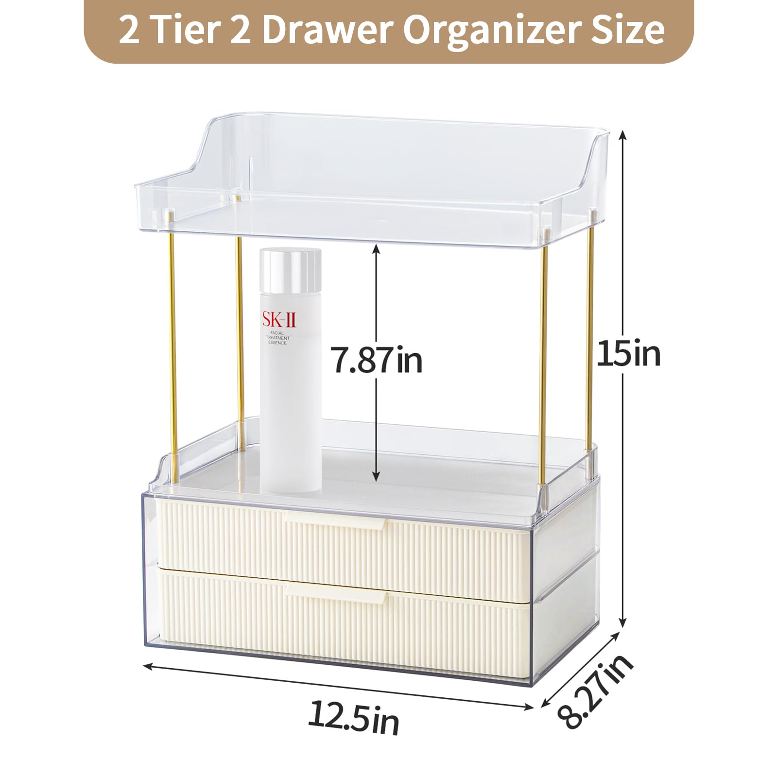 Shuang Qing 2-Tier 2-Drawer Bathroom Countertop Organizer, Skin Care Large Organizer, Multi-Purpose Makeup Storage Rack For Vani