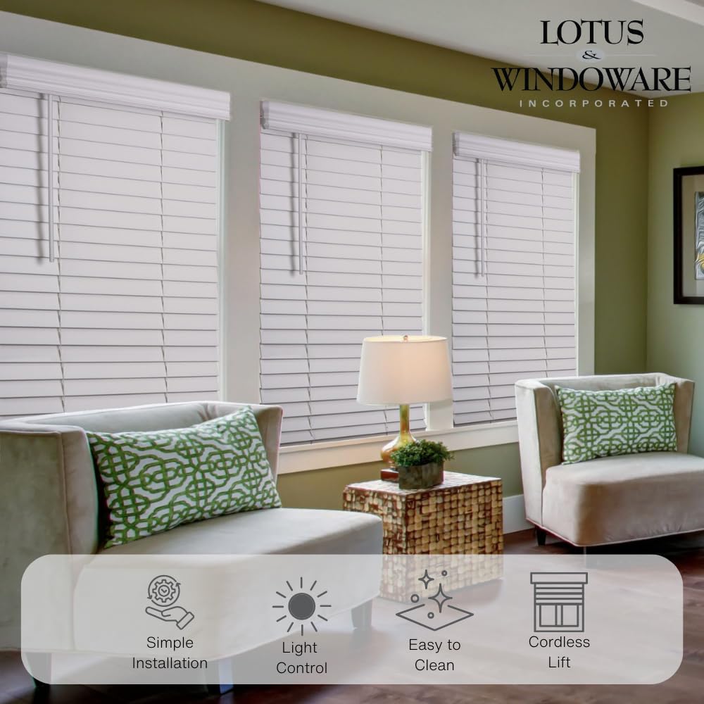 Lotus & Windoware Cordless, 2 Inch Faux Wood Blind, Window Blinds, Blinds & Shades, Blinds for Indoor Windows, Smooth, 32 x 84,