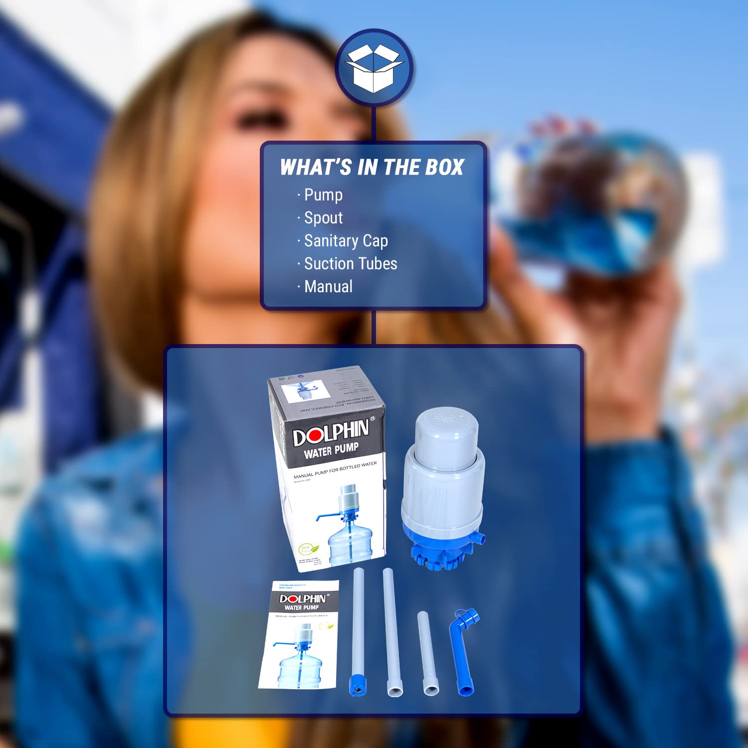 Dolphin Manual Water Pump For 5 Gallon Bottles (24 Pack) Fits 2-6 Gallon Bottles, Blue Manual Hand Pressure Water Dispenser, 3 T