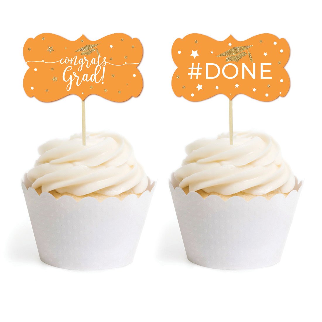 Andaz Press Orange And Gold Glittering Graduation Party Collection, Cupcake Topper Diy Party Favors Kit, Fancy Frame Shape, 18-P