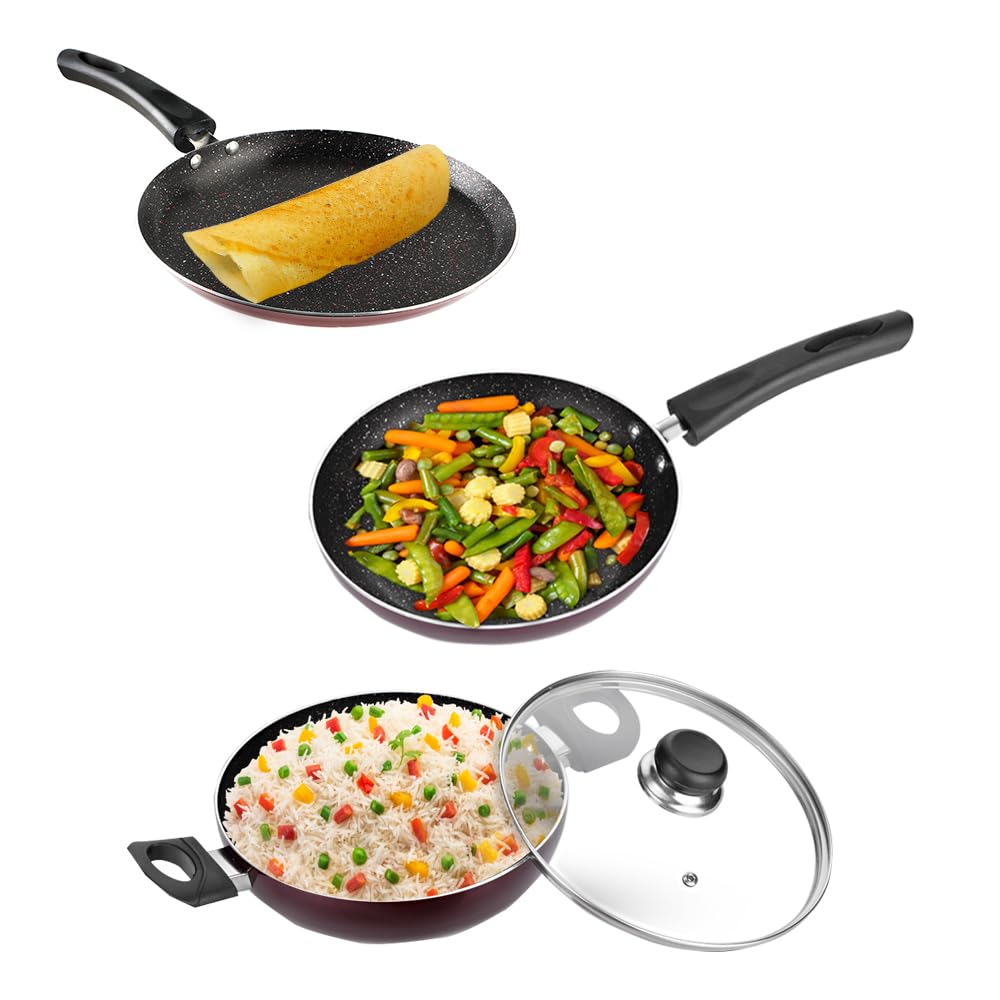 Vinod Supreme Aluminium Non Stick Cookware Set Of 3 | 2.5 Litre Kadhai With Glass Lid, 22Cm Frypan And 28Cm Dosa Tawa | 5 Layer 