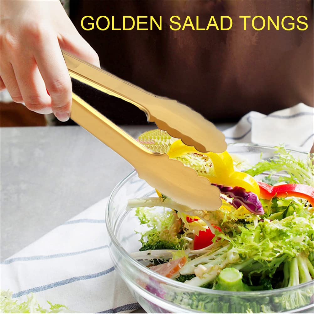 Iaxsee 2 Pack 9 Inch Gold Serving Tongs Gold Serving Utensils Salad Tongs Buffet Tongs Non-Slip & Easy Grip Stainless Steel Gold