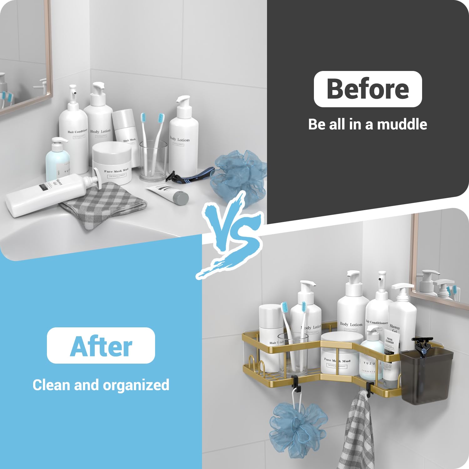 Aktecke Corner Shower Caddy Organizer Shelf 2Pack Adhesive Shower Corner Organizer Shelves, No Drilling Stainless Steel Shower S