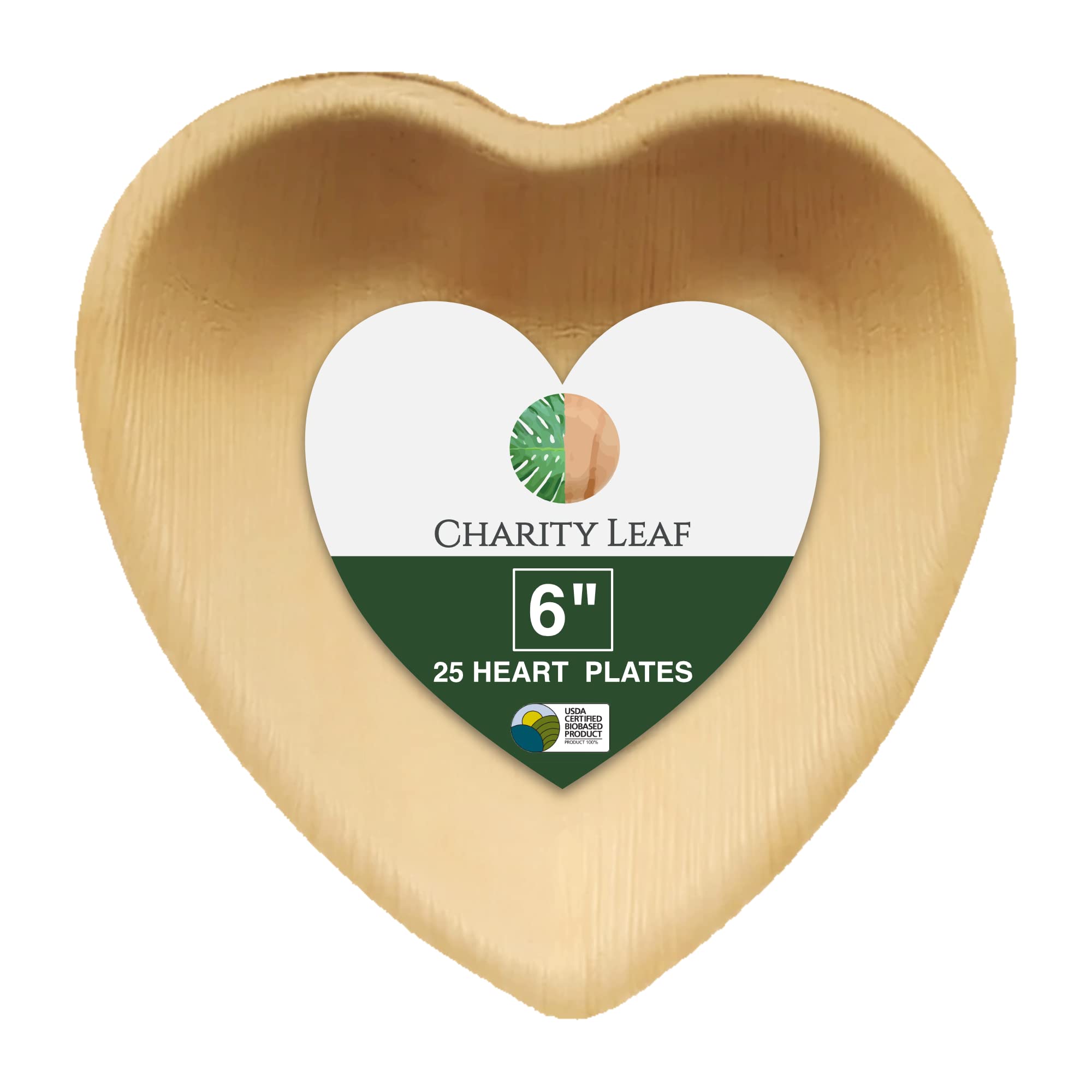 Charity Leaf Disposable Palm Leaf 6'' Heart Plates (25 Pieces) Bamboo Like Serving Platters, Disposable Boards, Eco-Friendly Din