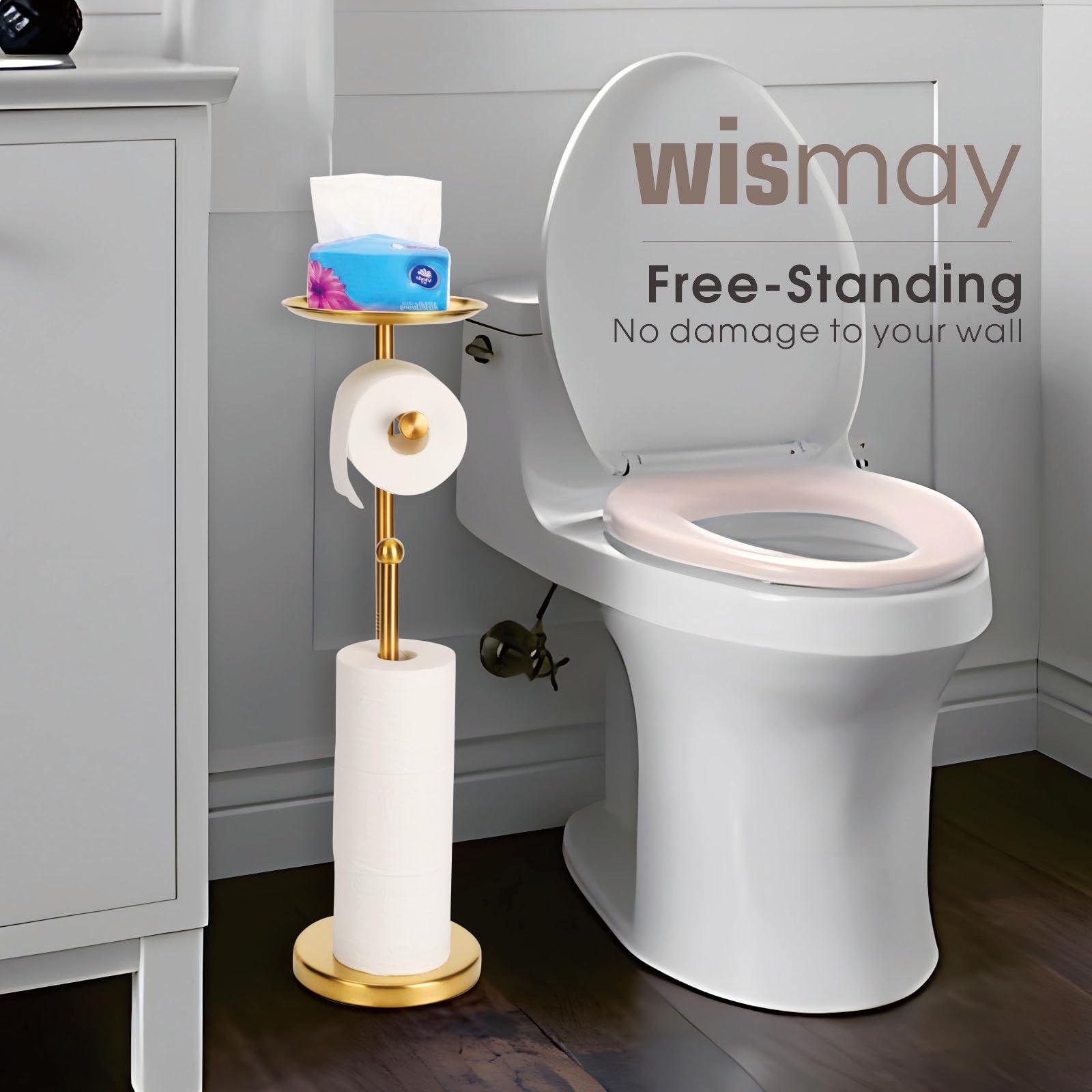 Standing Toilet Paper Holder Gold, Tp Holder With 6.7'' Phone Shelf, Holds 5 Rolls, Stainless Steel (Gold)