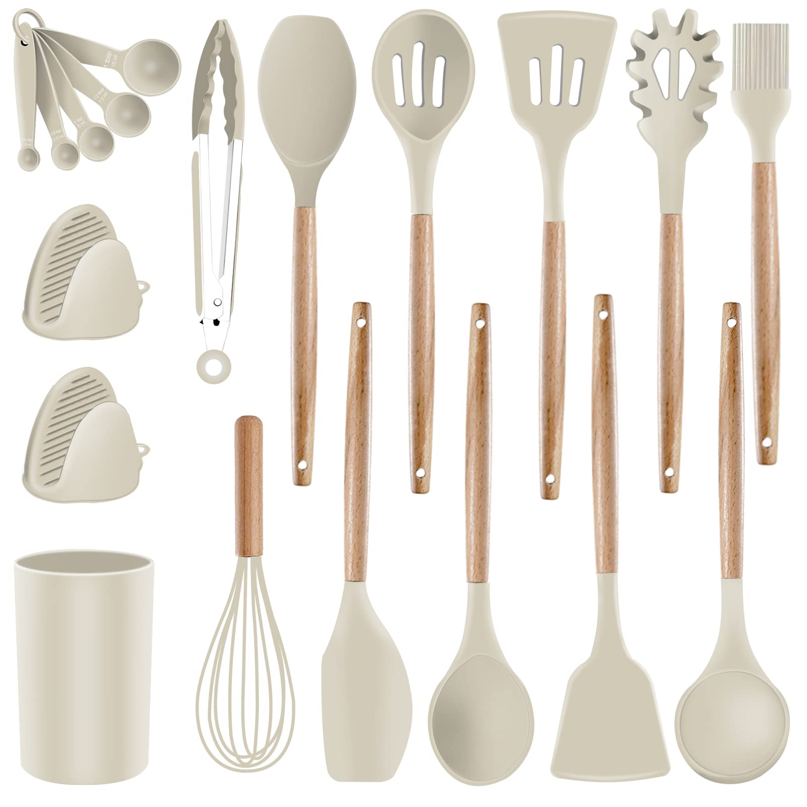 Silicone Kitchen Cooking Utensils Set - Heat Resistant/Non-Stick/Non Toxic/Bpa Free Silicon Spoons Spatula Whisk Tongs Wooden Ha