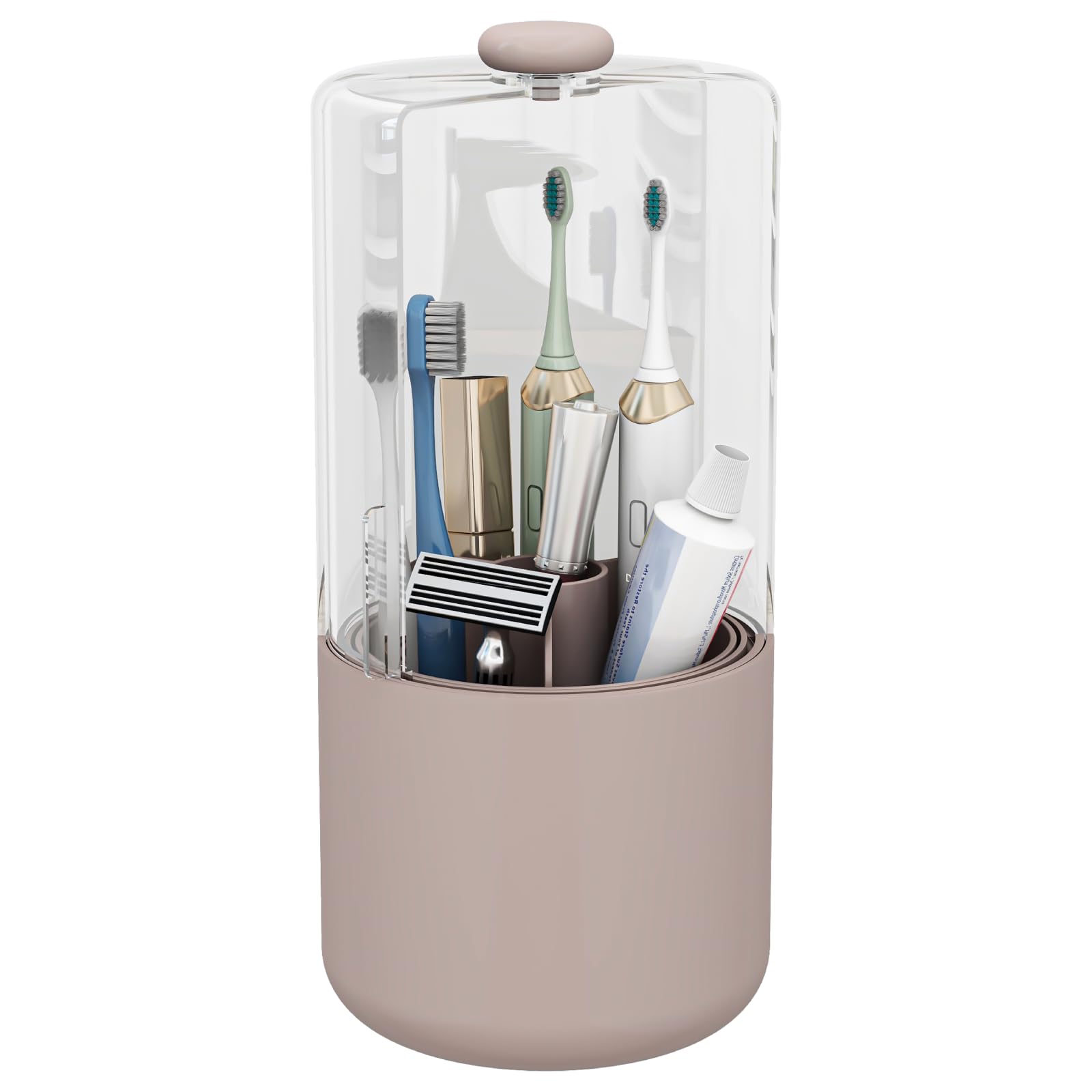 YOOLENS Toothbrush Holder with Cover 360 Rotating 4 Compartments Bathroom Toothpaste Electric Toothbrush Organizer, Pink