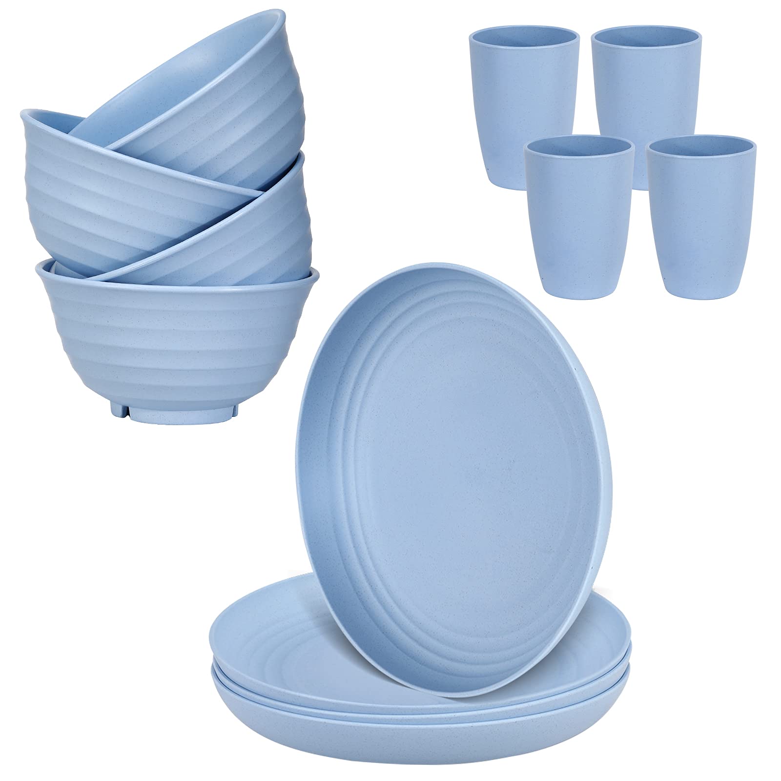 12Pcs Plastic Wheat Straw Dinnerware Sets Service For 4, Cups, Plates And Bowls Sets Microwave Dishwasher Safe Lightweight