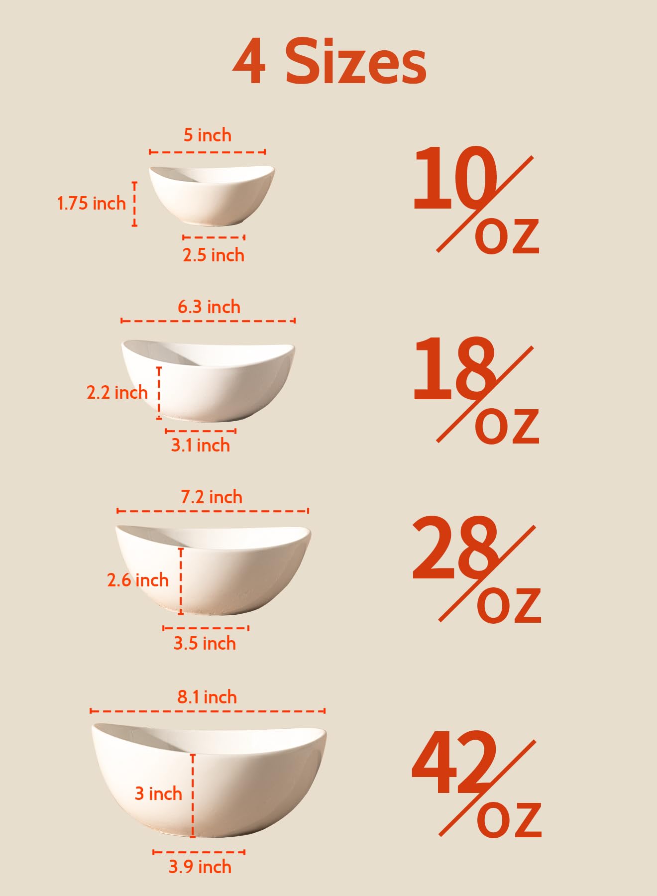 Sweese Porcelain Serving Bowls For Entertaining, 10-18-28-42 Ounce, Microwave & Dishwasher Safe, Large Serving Dishes, Prep Sala