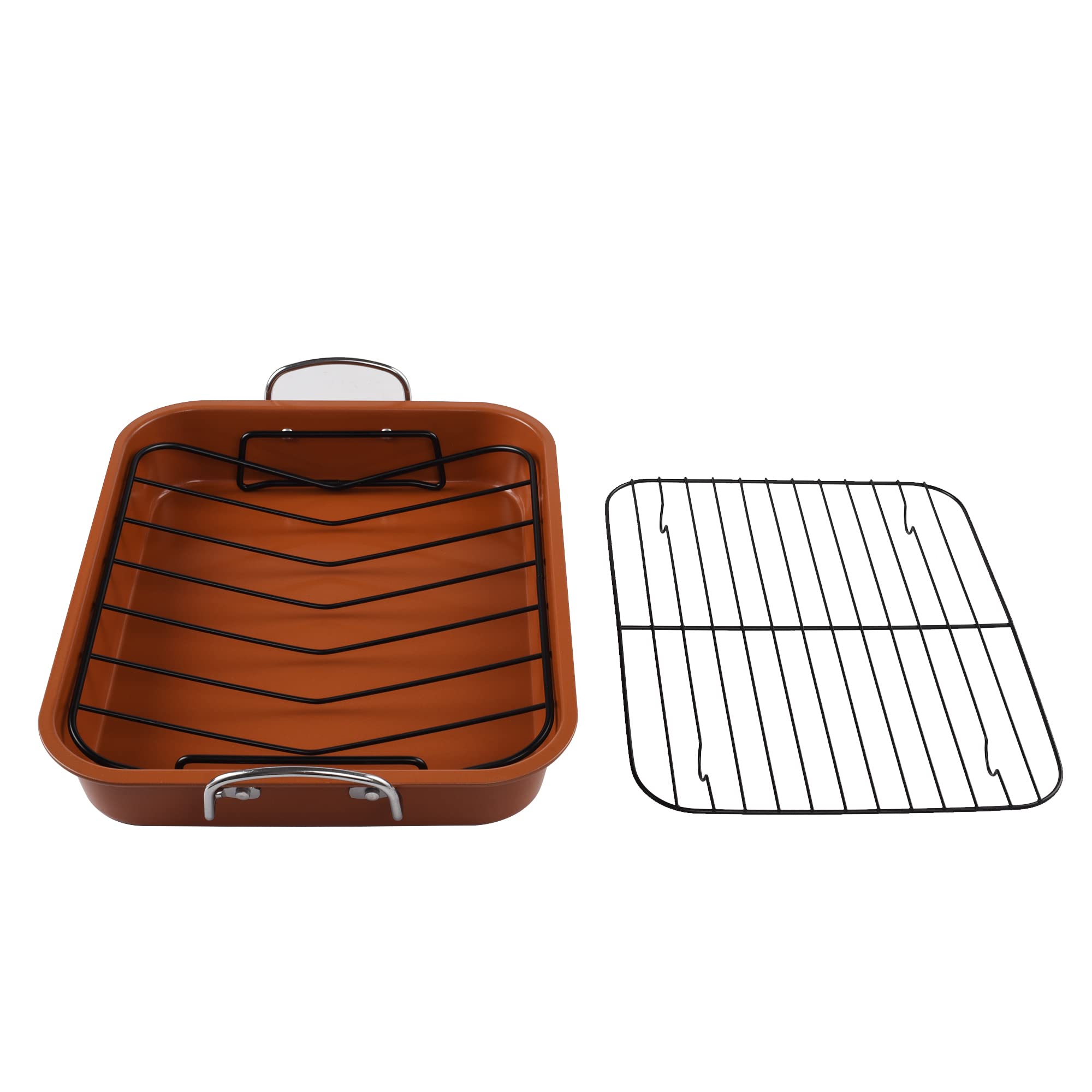 KitCom Nonstick Roasting Pan, Roaster with Cooling Rack and V-Rack - 16 Inch Rectangular Turkey Roaster Lasagna Pan for Easter,