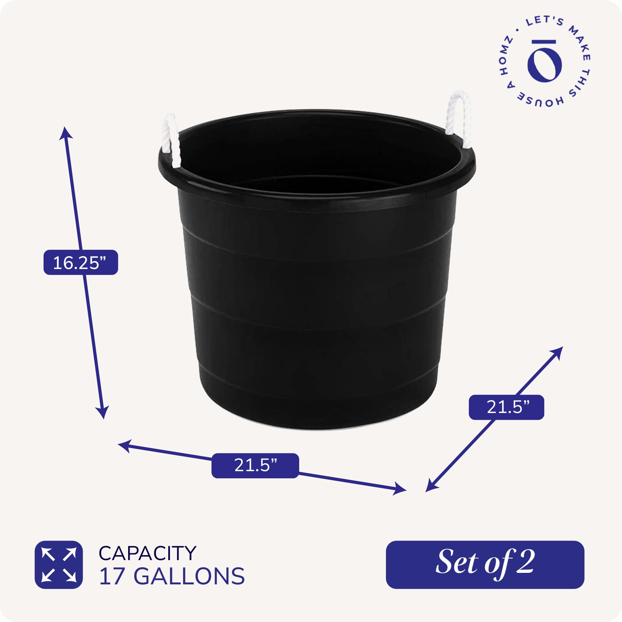 Homz Multi Purpose 17 Gallon Plastic Open Top Storage Round Utility Tub with Rope Handles for Indoor or Outdoor Home Organization  Black (2 Pack)