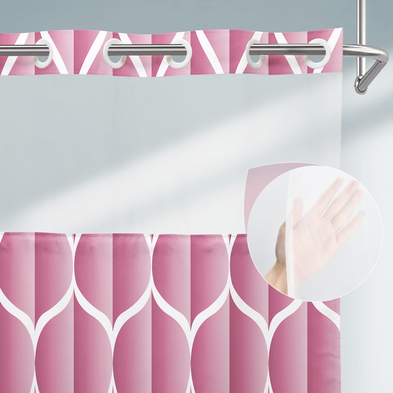 Yiatn No Hook Pale Mauve Shower Curtain With Snap In Fabric Liner Set - Hotel Style With See Through Mesh Top Window, Modern Geo