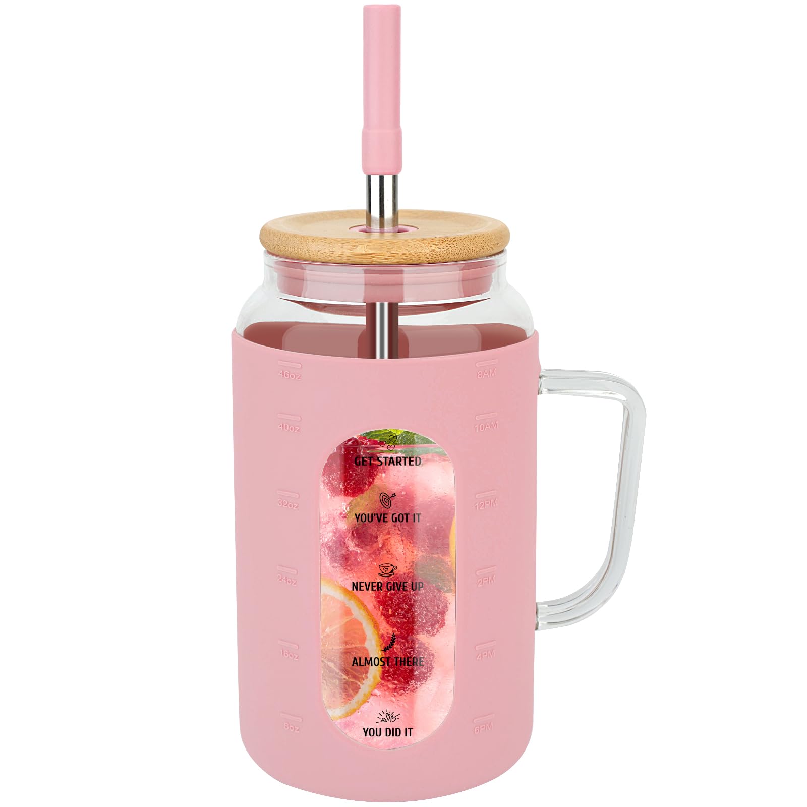 Zenbo 50 oz Glass Water Bottle with Handle, Lid & Straw, Time Marker