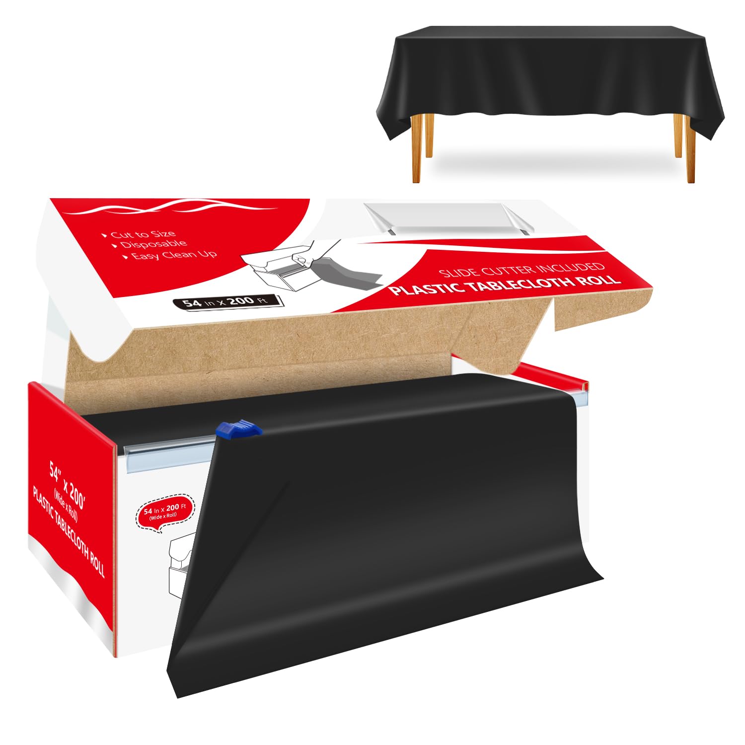 Xnluothsk 54 Inch x 200 Feet Black Plastic Tablecloth Roll Cut to Size Disposable Table Cover with Cutter Box Plastic Table Clot