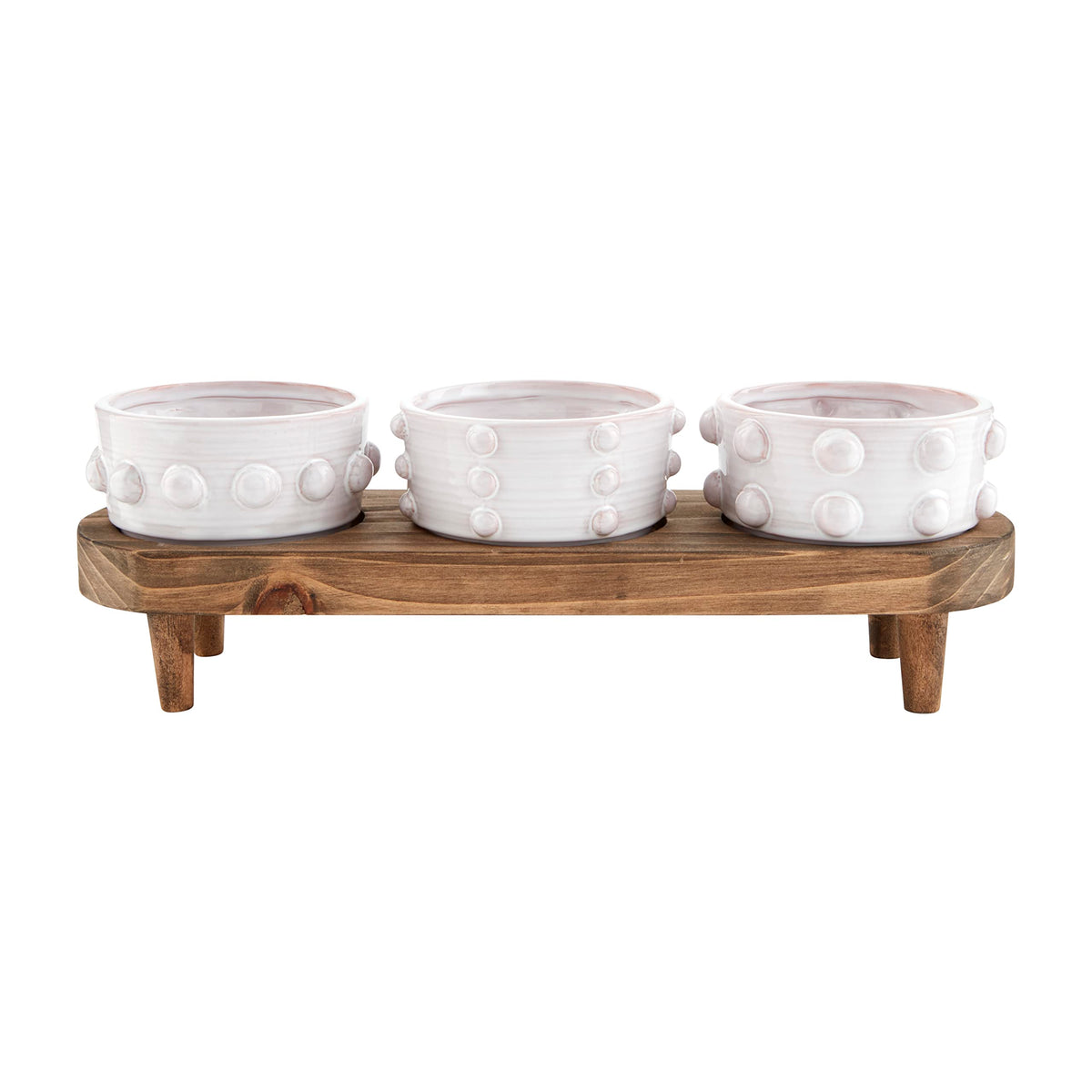 Mud Pie Beaded Bowl Wood Board, Stand 5'' X 7'' | Dip 2'' X 4'' Dia, White