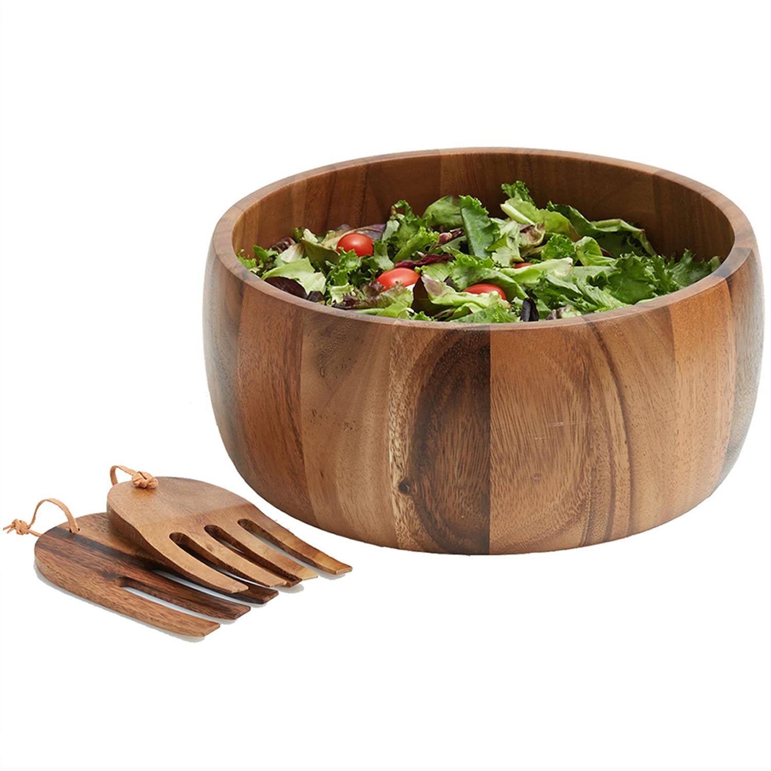 Woodard & Charles Acaica Wood 12'' X 5'' Serving Bowl Set With Serving Hands, 3 Piece Set