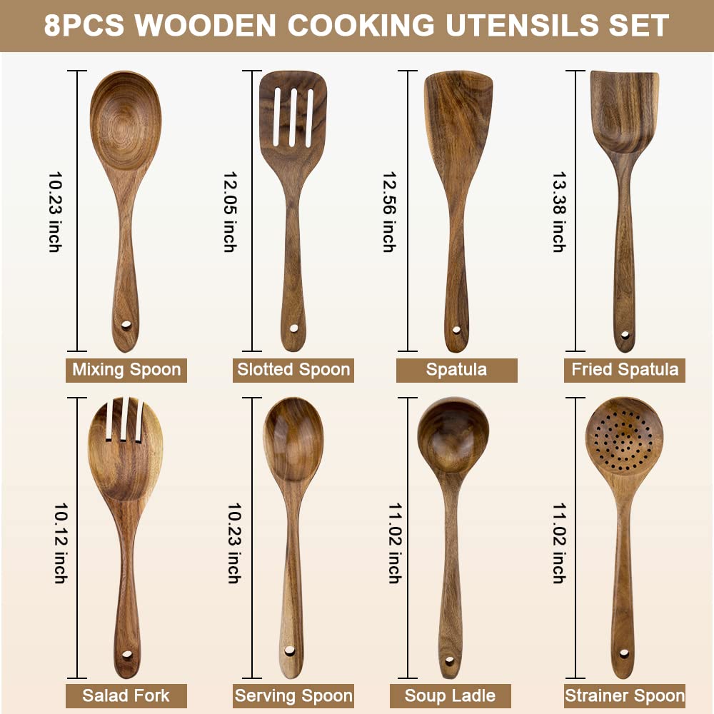 Woodme Kitchen Utensils Set 8 Piece Teak Wooden Cooking Utensil Set Non-Stick Pan Wood Spoons And Spatula Cookware For Home Ever