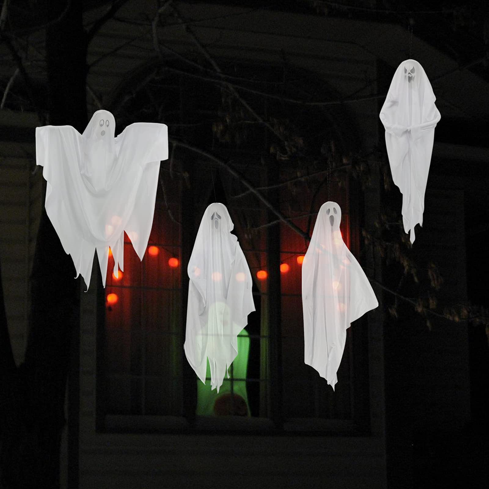 4 Pack 28 Halloween Hanging Ghosts for Halloween Party Decorations, Cute Flying Ghost for Front Yard Patio Lawn Garden Outdoor T