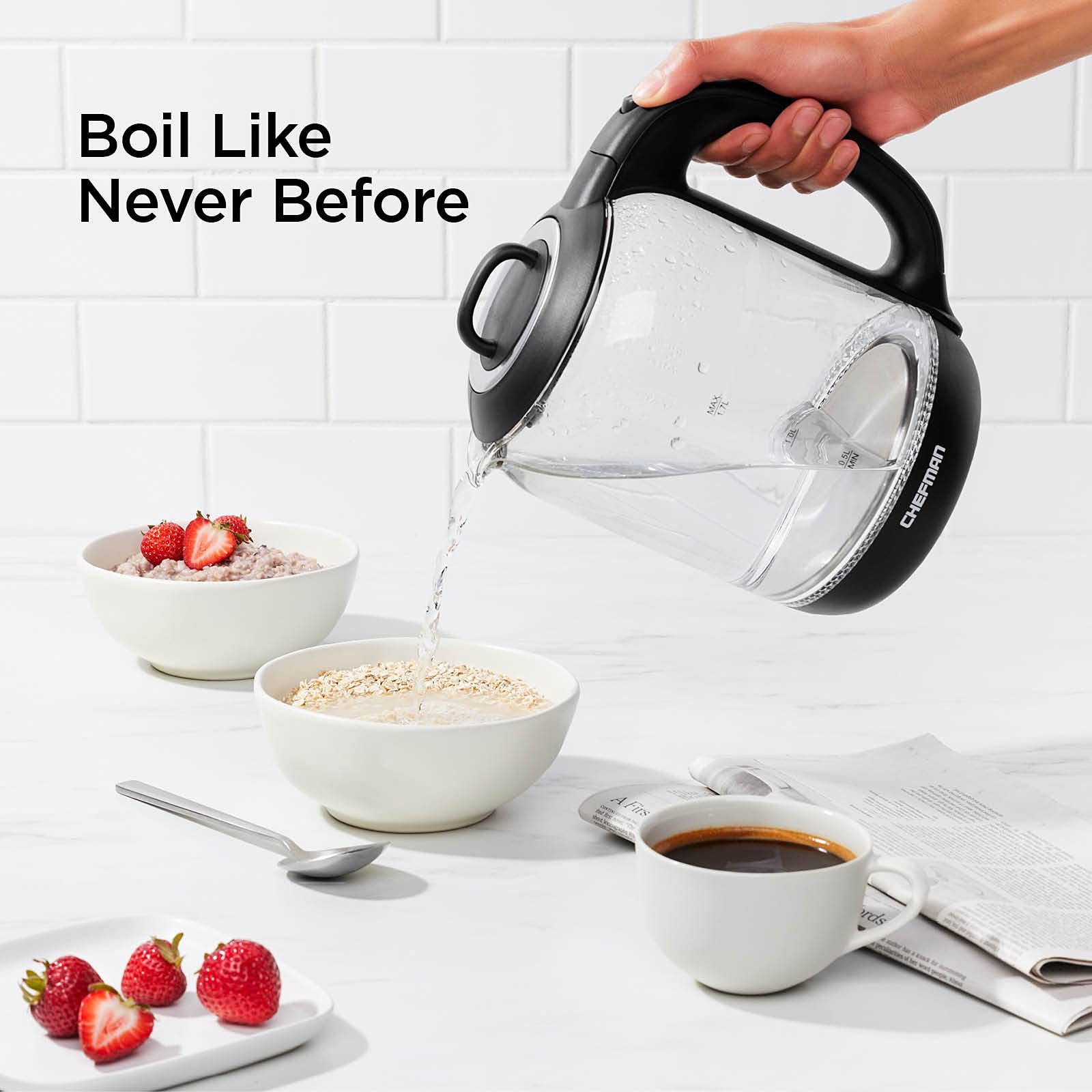 Chefman 1.7 Liter Electric Kettle With Tea Infuser, Cordless With Removable Lid And 360 Swivel Base, Led Indicator Lights, Black