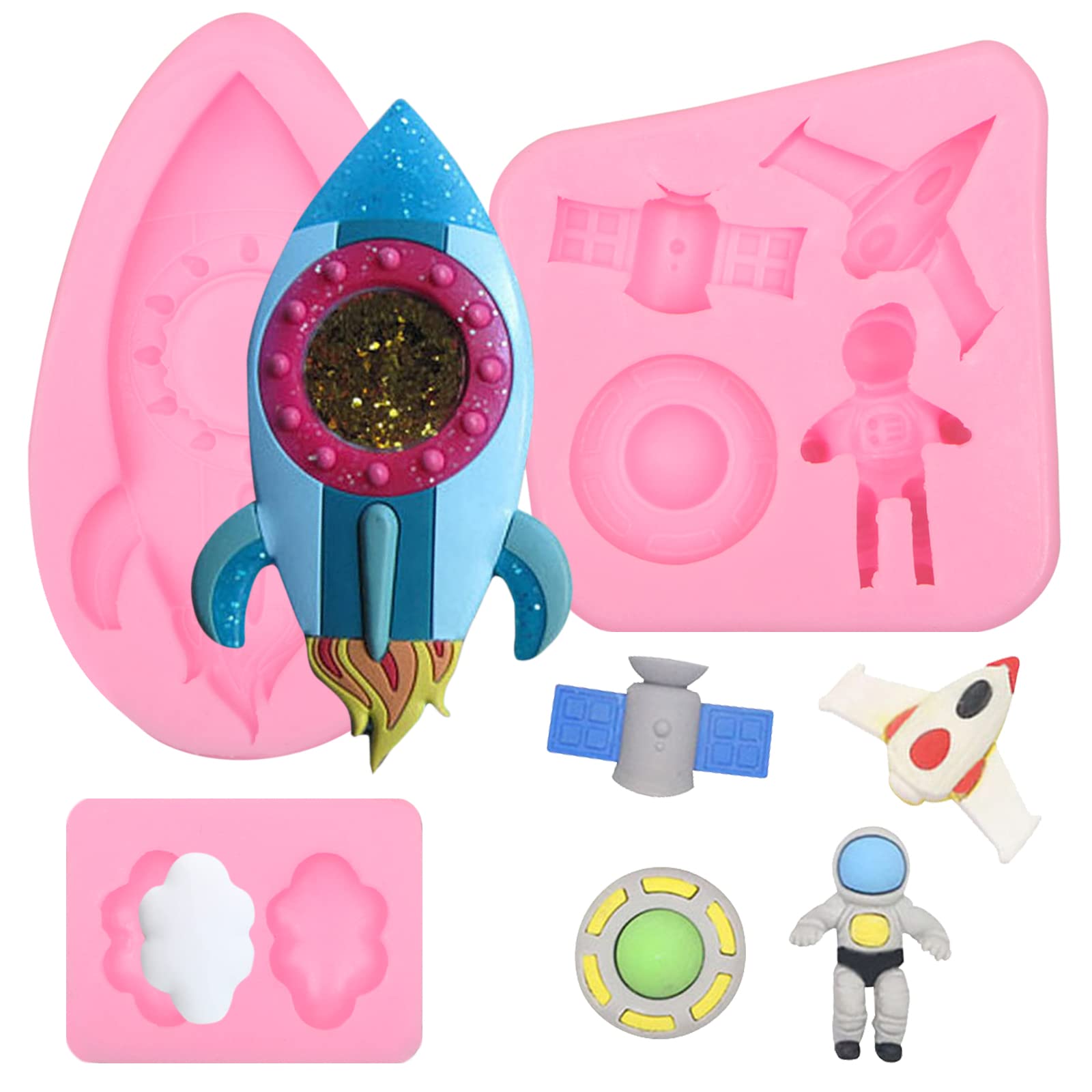 Space Theme Molds 3 Pcs, Spaceship Astronauts Rockets Chocolate Silicone Mold Spacecraft Airplane Cloud Cake Fondant Mold For Ca