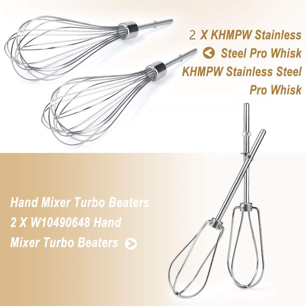 Cenipar W10490648&Khmpw- Khm2B W10490648 Hand Mixer Turbo Beaters(2 Pack) & Khmpw Stainless Steel Pro Whisk(2 Pack) Fit For Khm5