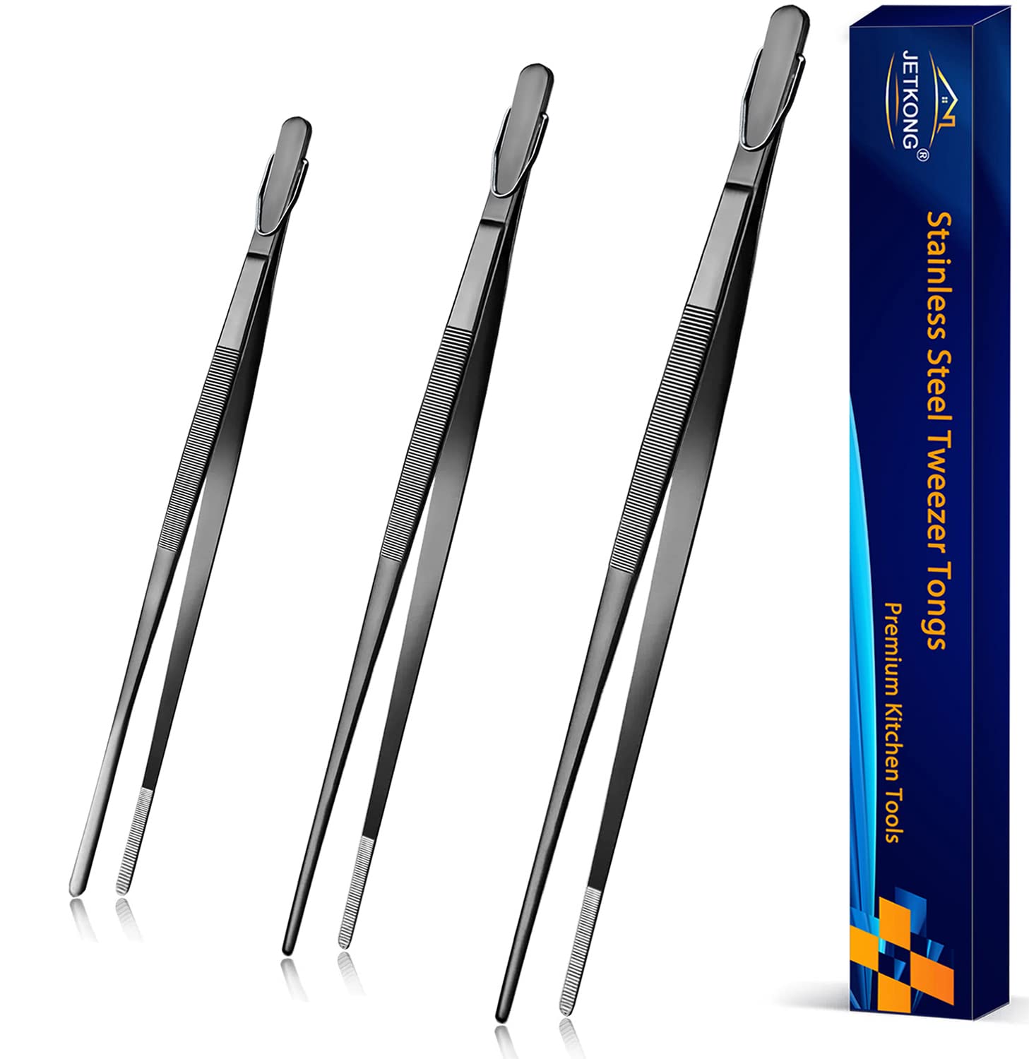 Jetkong Extra Long Kitchen Tweezers Heavy Duty Stainless Steel Cooking Tweezers, Set Of 3 (9 12 14 Inch, Black)