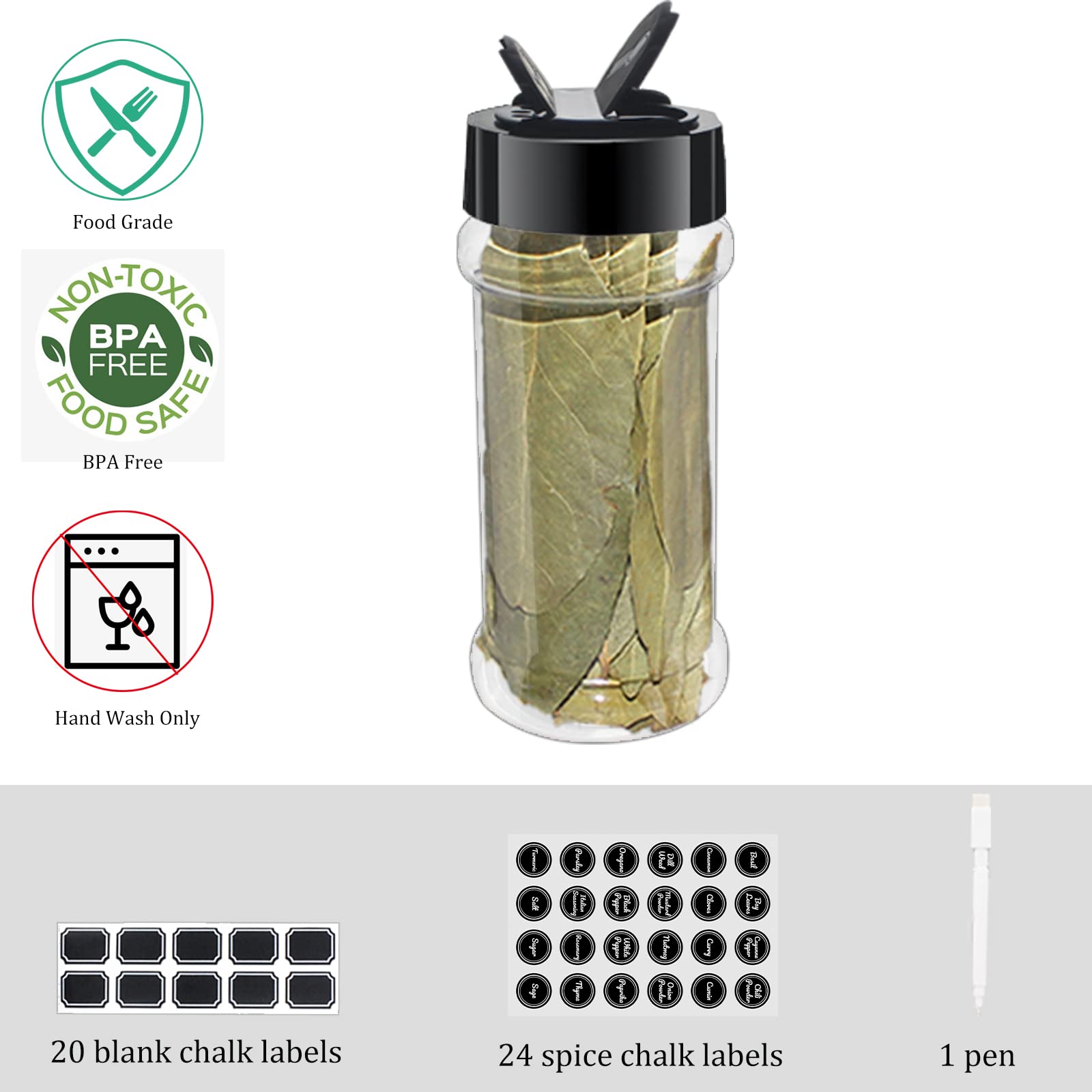 Suituts 3.3 Oz 24 Pack Clear Plastic Spice Jars With Black Shaker Lids, 100Ml Round Spice Bottle, Plastic Seasoning Jars With La