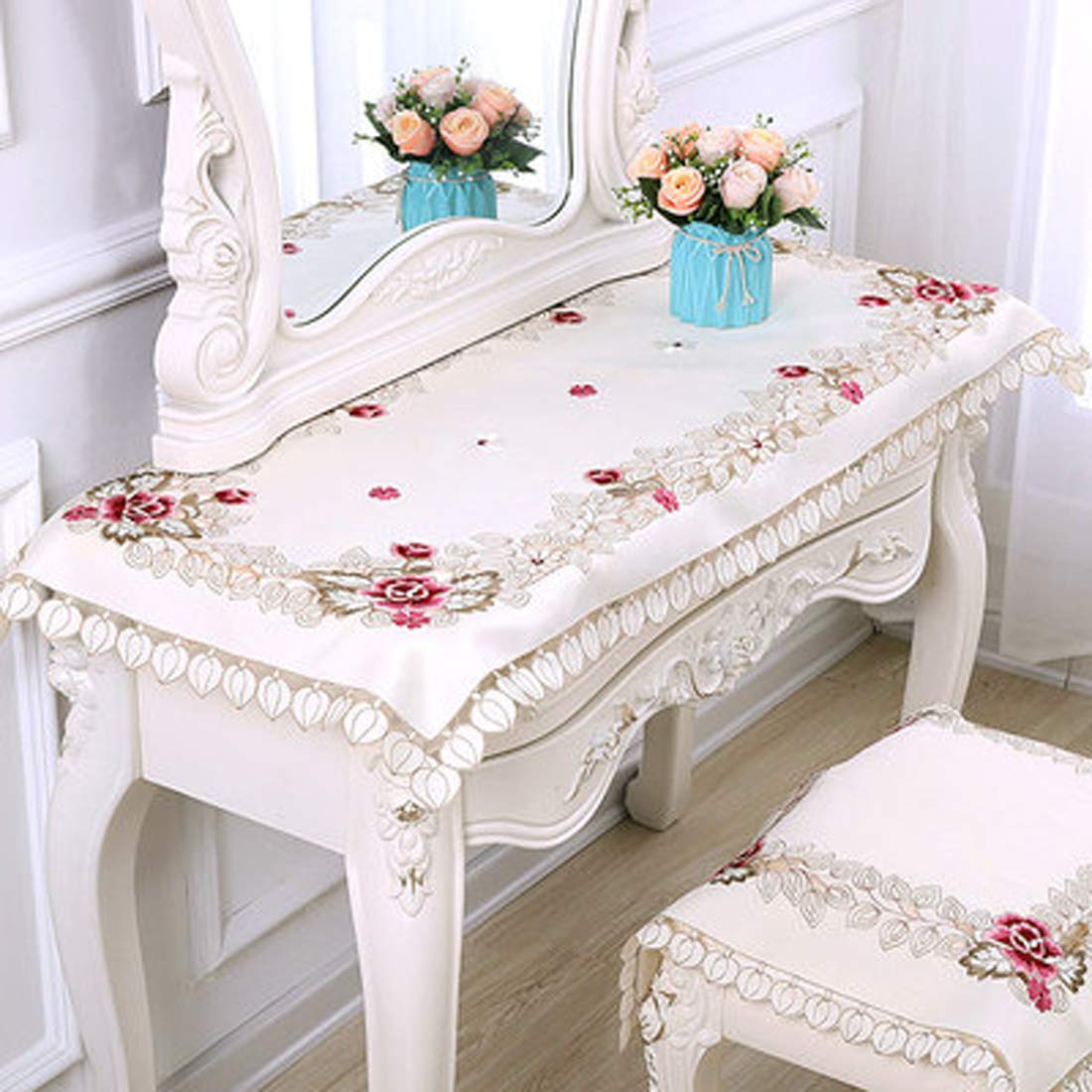 Lelehome 68'' X 100'' Oblong Beige Tablecloth, Vintage Classic Flower Embroidered Lace Cream Dining Table Cloth Big Table Top Co