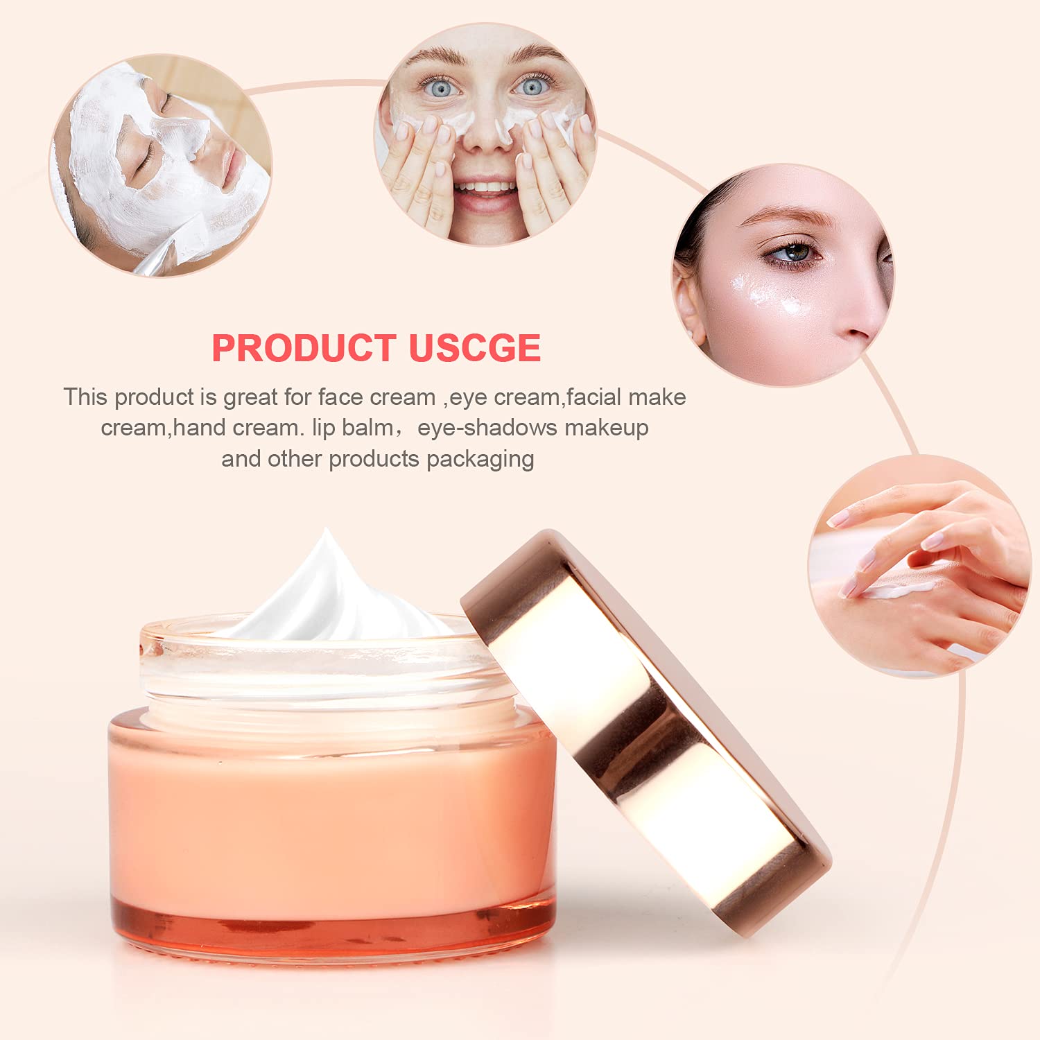 Furnido Pink Glass Cream Jar 4 Pack 1.7 oz/50g Face Lotion Jar Pot Empty Refillable Glass Cosmetic Cream Bottle Container With Rose-Golden Cover Inner Liners for Moisturizer Eyeshadow Makeup Emulsion