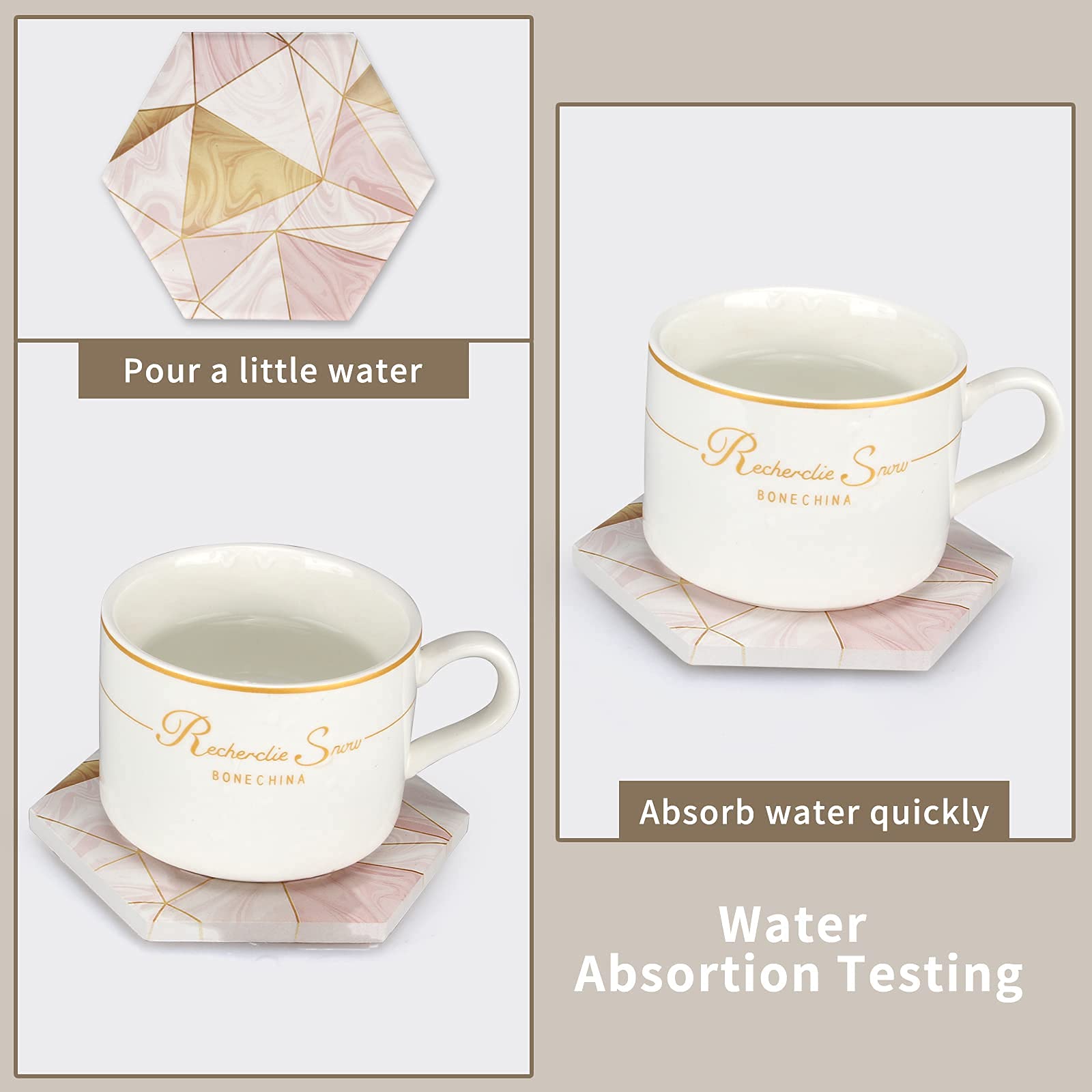 6 Pcs Pink Marble Coasters With Holder Gold Absorbent Drink Coasters Beverage Coasters Cute Ceramic Table Coaster Set Kitchen Ac