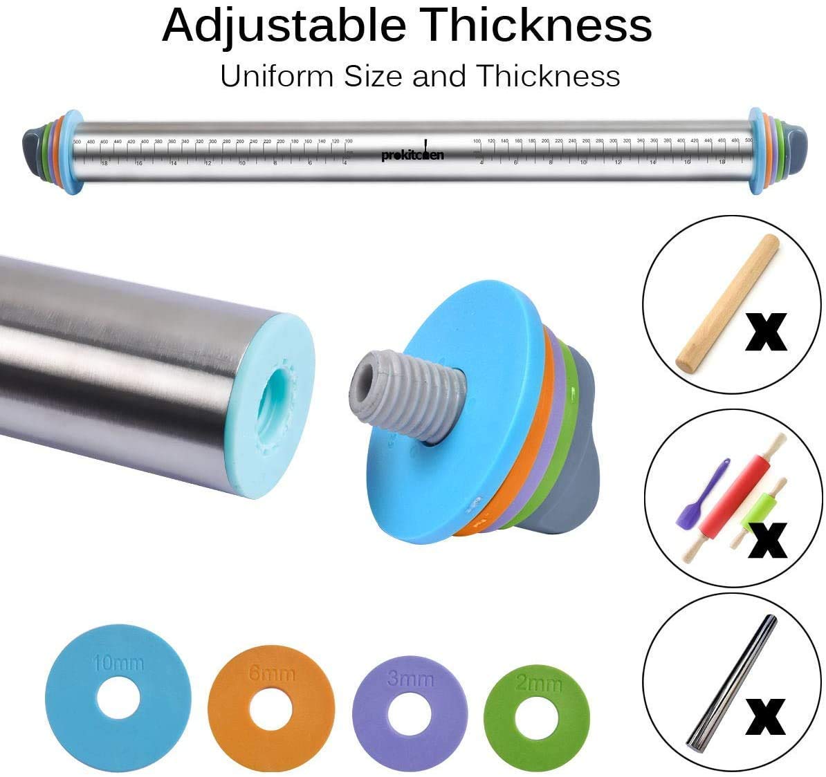 Prokitchen Adjustable Rolling Pin With Thickness Rings For Baking, Adjustable Stainless Steel Designs Dough Roller Pins For Cook
