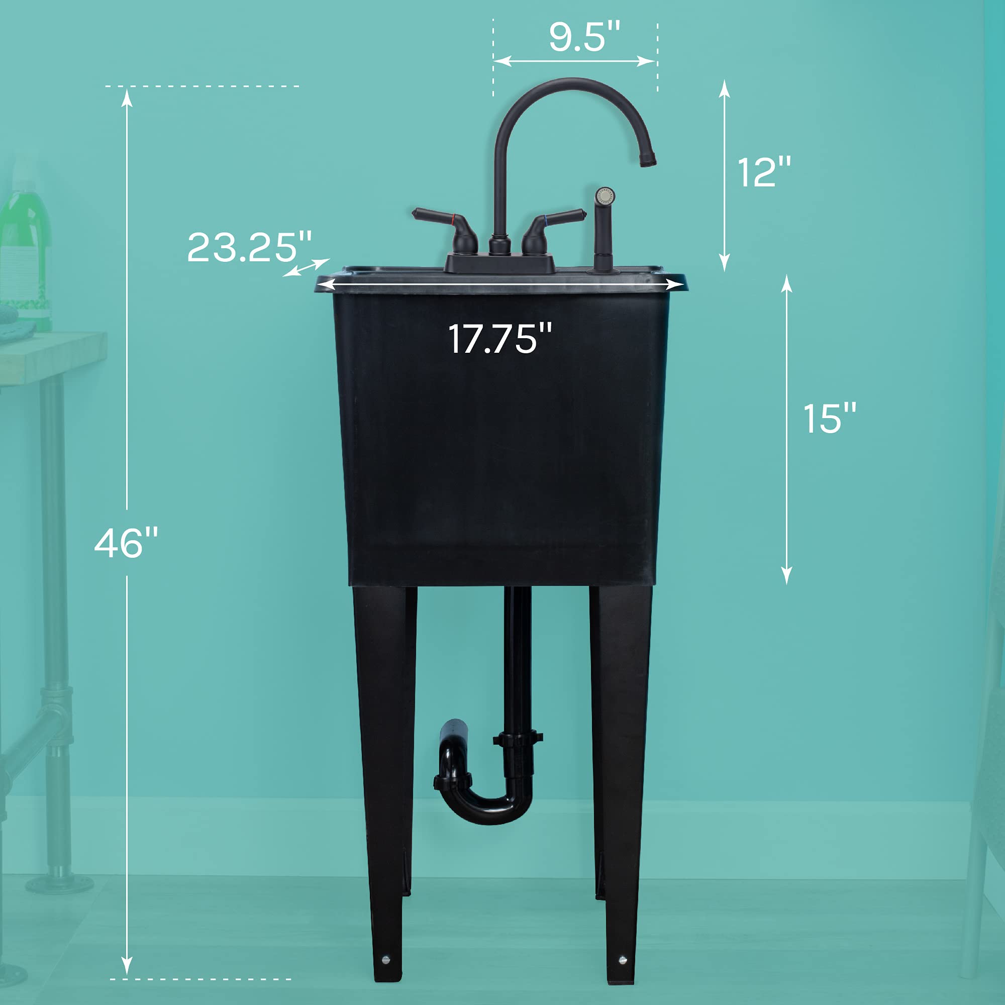 Black Space Saver Utility Sink By Js Jackson Supplies, Freestanding Tehila Space Saving Laundry Tub, Black Gooseneck Faucet With