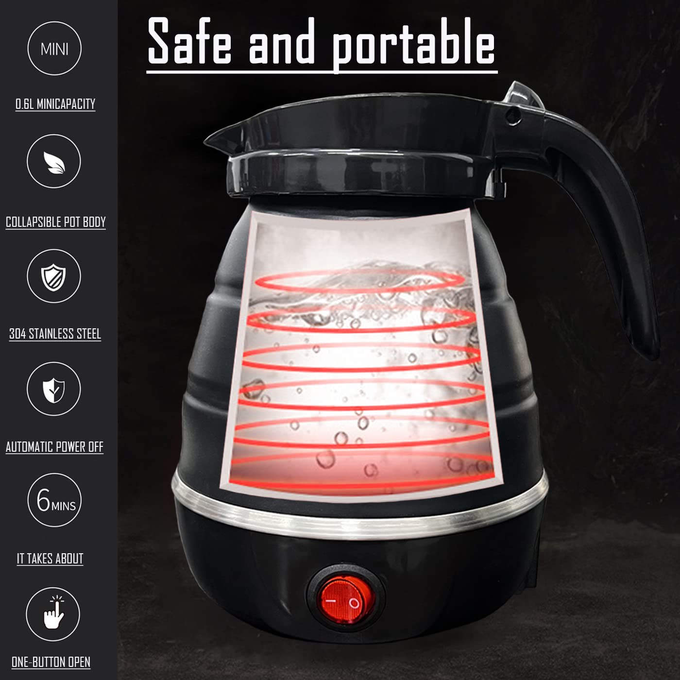 VANZO Foldable Electric Travel Kettle - Portable and Convenient Silicone Collapsible Water Boiler and Tea Pot for Camping - Easy Storage with Detachable Power Cord (Black)   (WHH-649)
