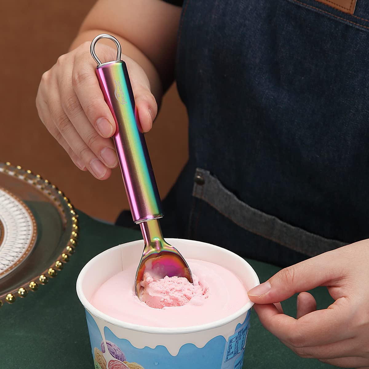 Rainbow Ice Cream Scoop, Berglander Stainless Steel Cookie Scoop Melon Baller Scooper Cones With Titanium Colorful Plating, Spec