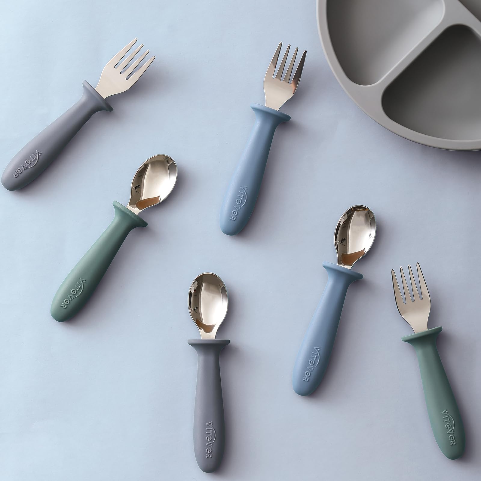 6 Pieces Toddler Utensils, Kids Safe Spoons and Forks, Children Silverware Set with Silicone Handle, 18/8 Stainless Steel, Food-