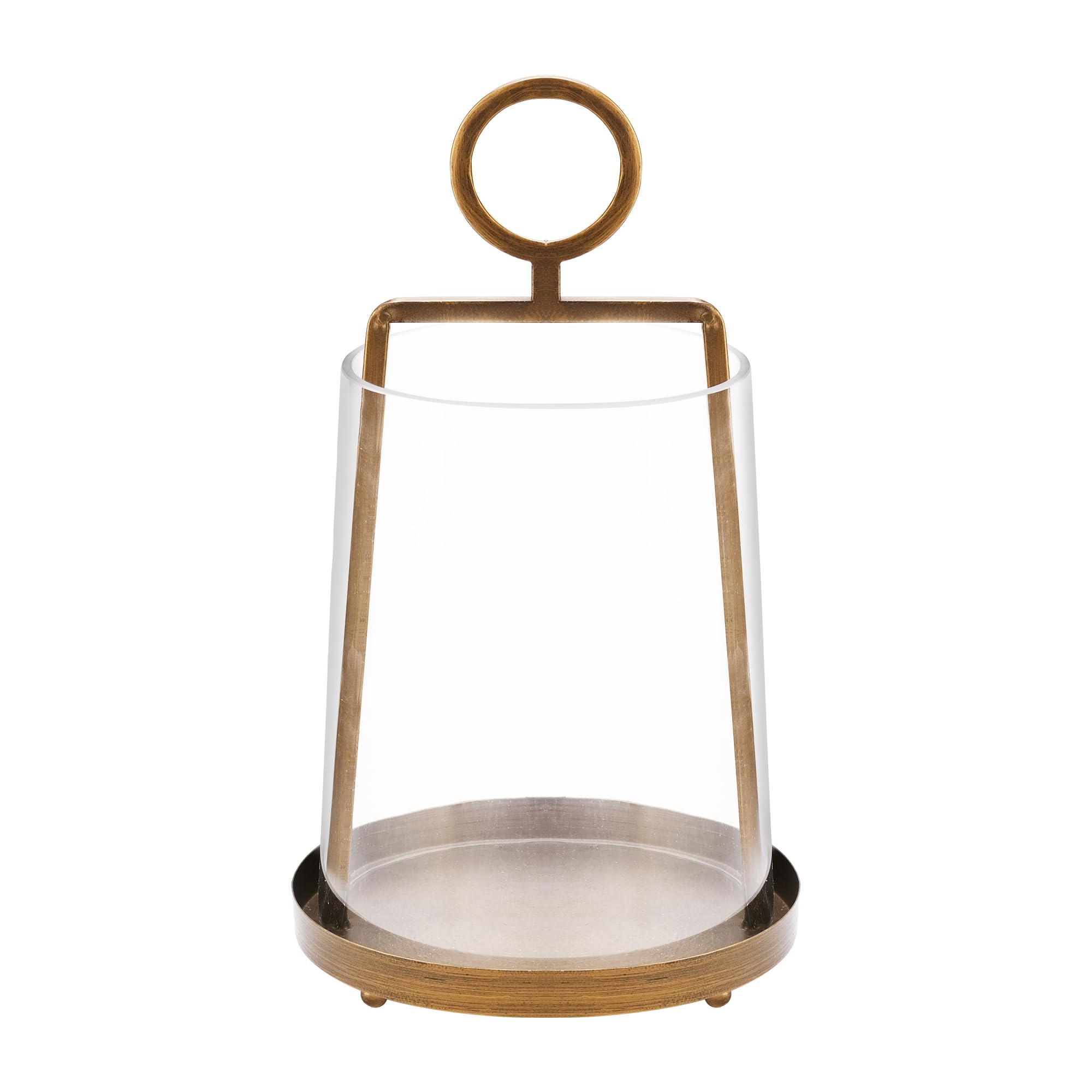 9 Wide Modern Metal Hurricane Lantern with Handmade Sturdy Glass Sleeve in Brass for Pillar Candle & Plants, Farmhouse Hurricane