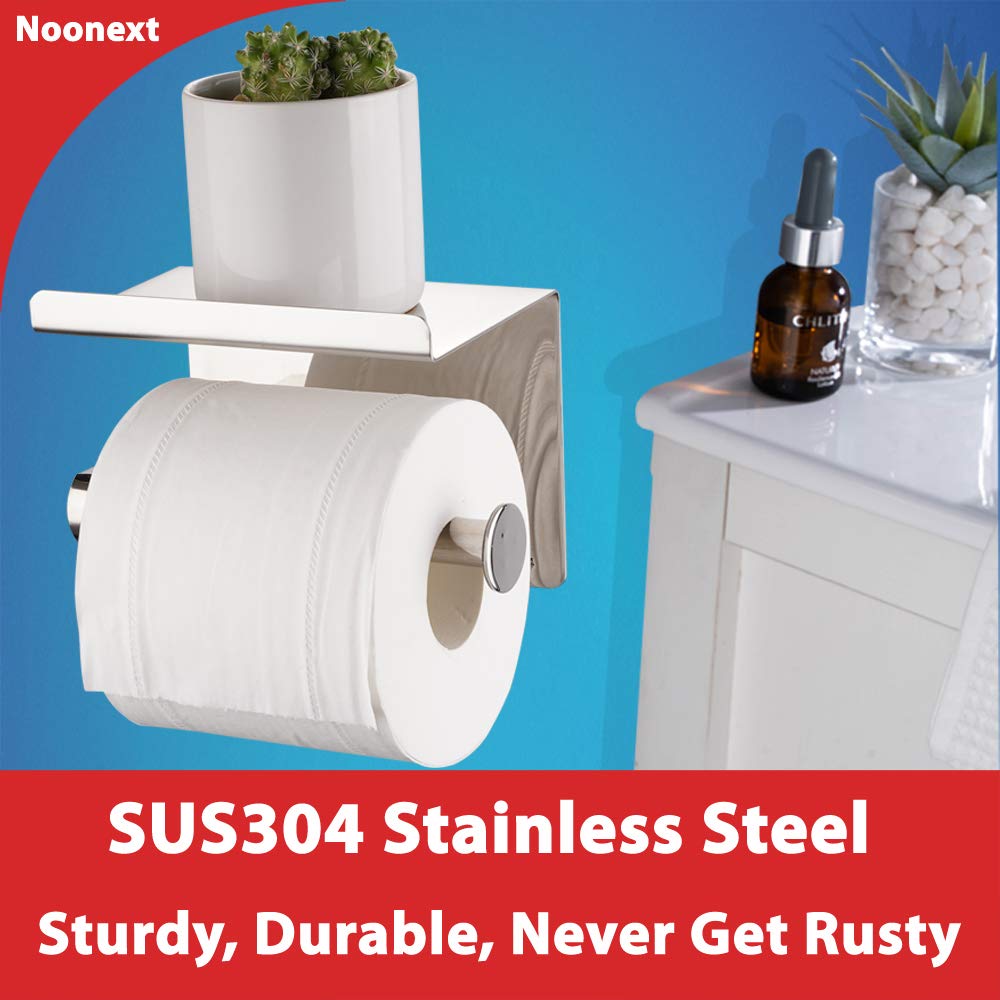 Adhesive Toilet Paper Holder with Shelf Wall Mounted  SUS304 Stainless Steel Toilet Paper Roll Holder  Mega Roll Tissue Roll Paper Dispenser  No Drilling or Wall Mounted with Screws (Polished Chrome)