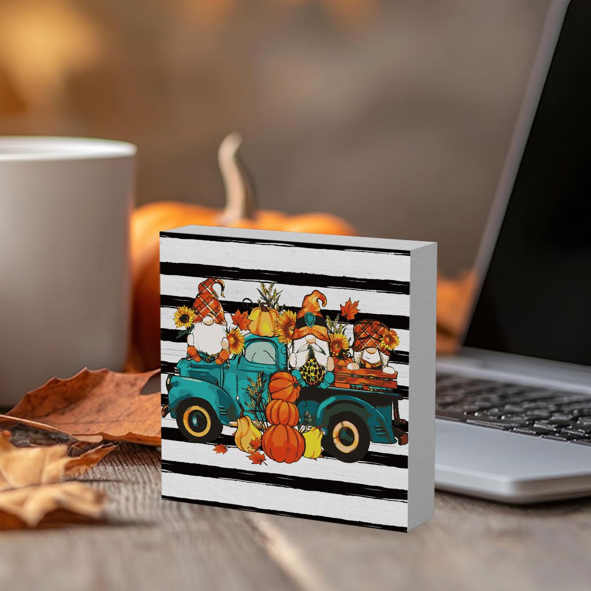 Rustic Fall Gnomes Truck Pumpkin Sign Fall Decorations for Home Office Indoor Fall Desk Decor for Bathroom Bedroom Autumn Thansg