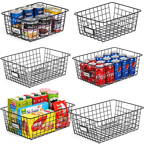 6 Pack [ Extra Large ] Wire Storage Baskets For Organizing With Lables, Pantry Organization Bins For Cabinets - Metal Basket For