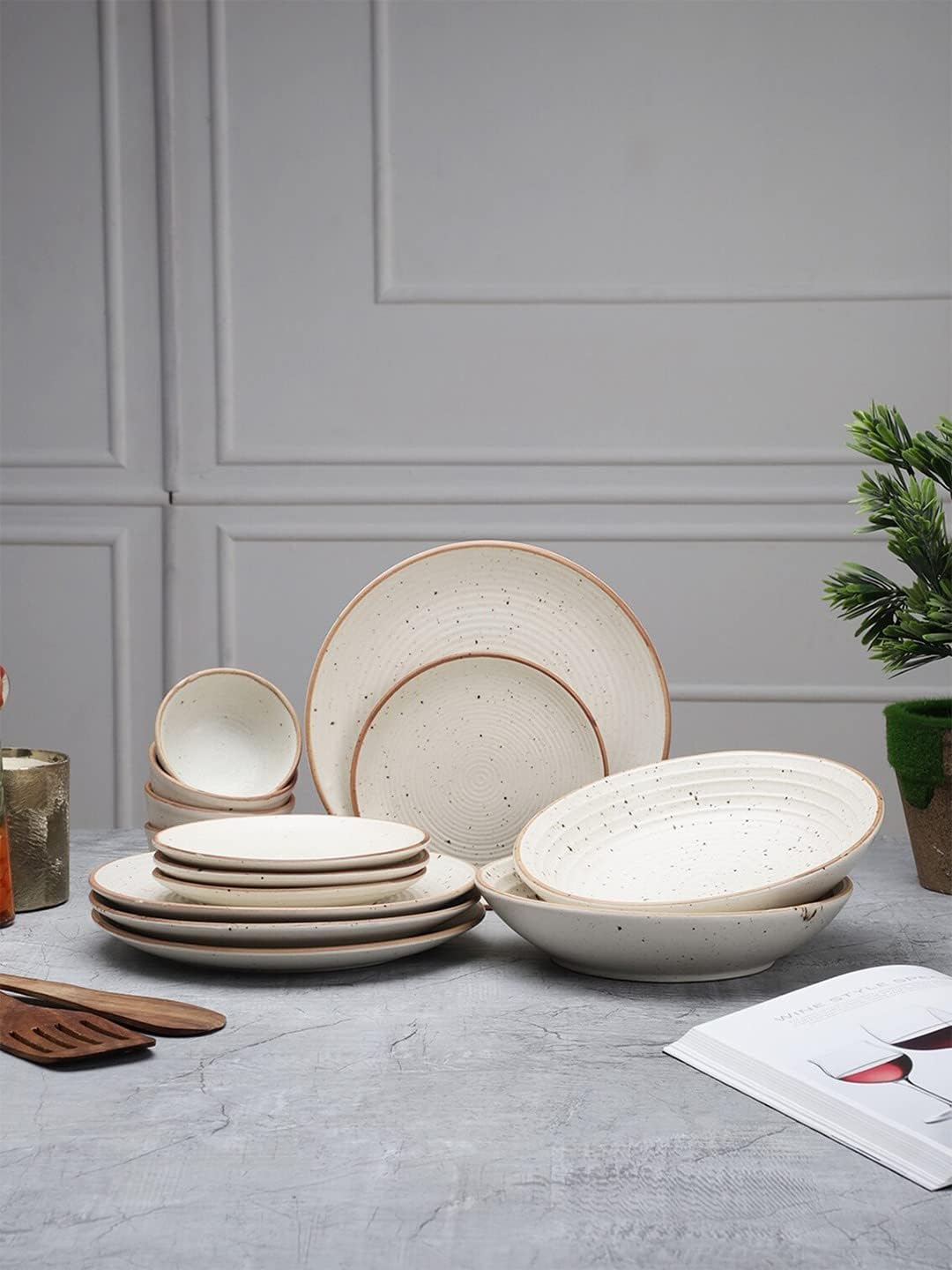 Miah Decor Handcrafted Stoneware Dinner Set-Pack Of 14-[4 Dinner Plates; 4 Quarter/Side Plates/ 4 Dinner Bowls/ 2 Serving Bowls]