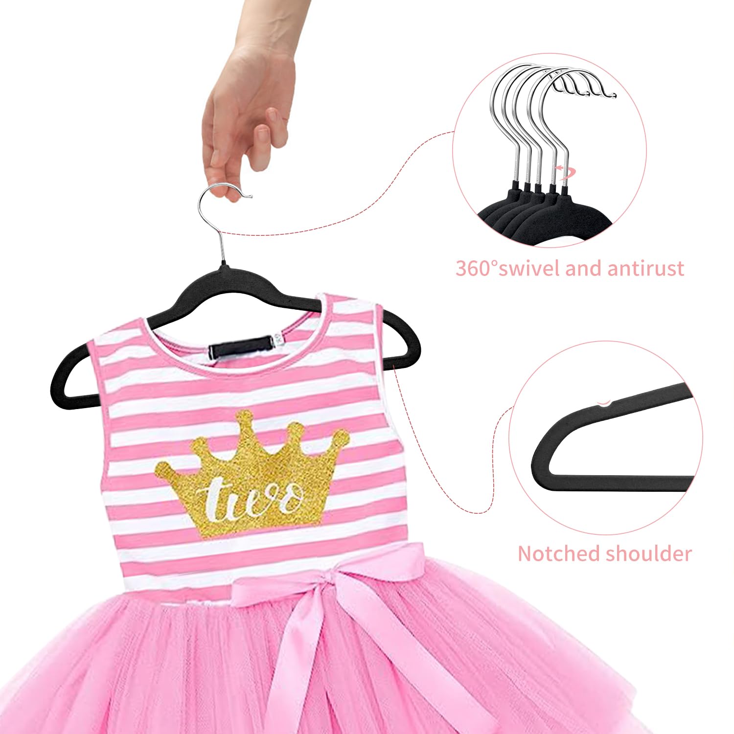 Mangokit Children'S Velvet Hangers,Non-Slip Children'S Clothes Hangers,Ultra-Slim Space Saving Clothes Hangers,360 Rotatory Hook