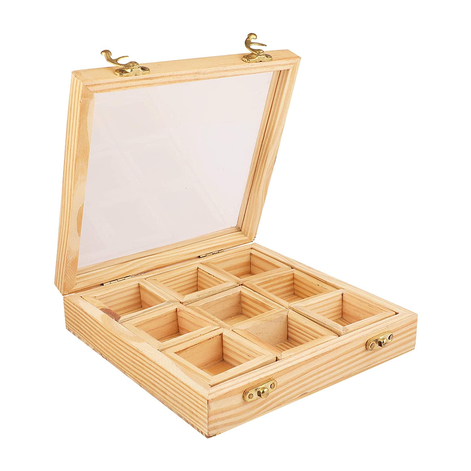Kesha Woodkraft Pinewood 9 Bowl Masala Dabba  L X B X H  8 X 8 X 2.25 Inch