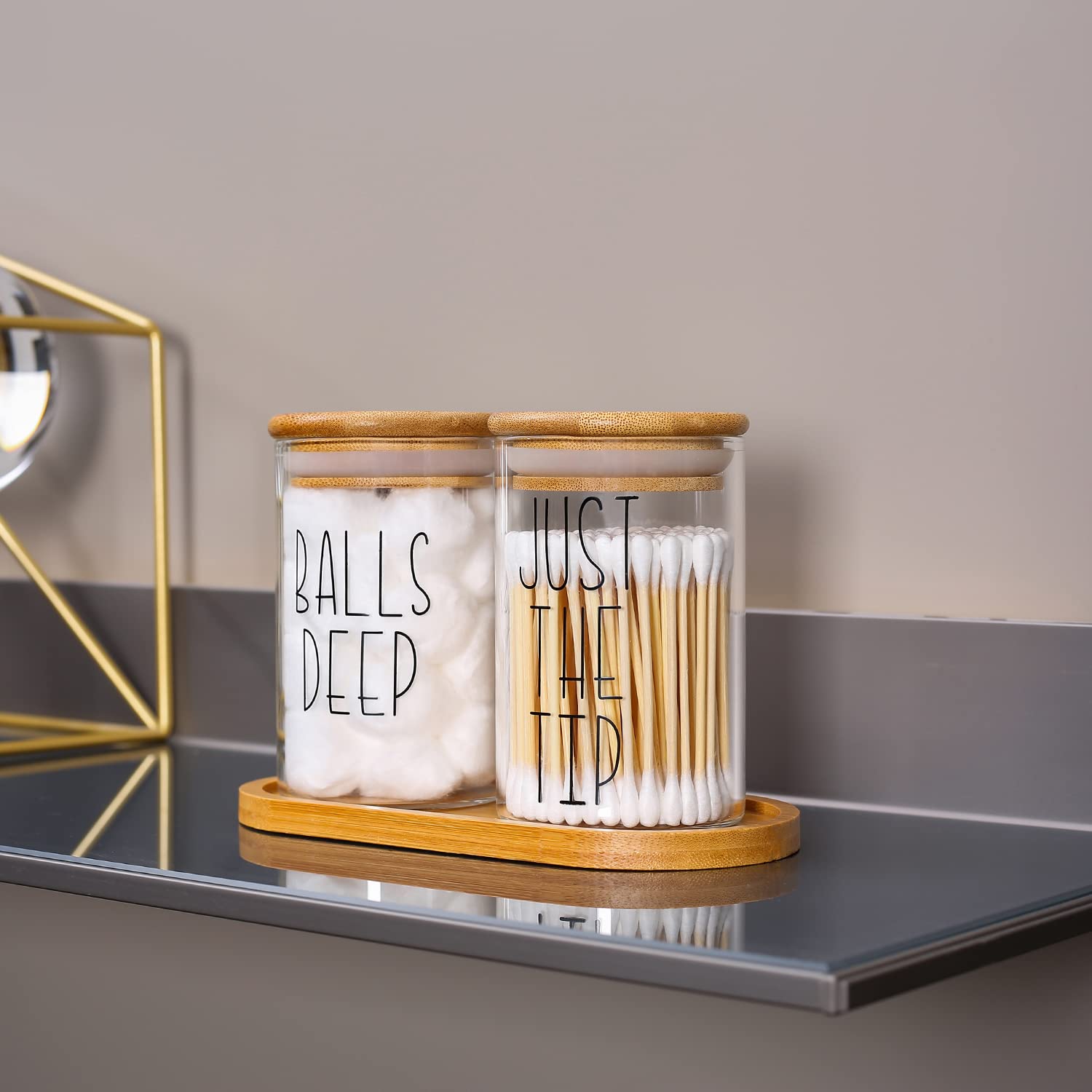 MOMEEMO Funny Qtip Holder and Cotton Ball Holder Set for Bathroom Organization. Apothecary Jars with Bamboo Tray are Great for Farmhouse Bathroom Decor  Rustic Bathroom Decor. (Glass&Tray)